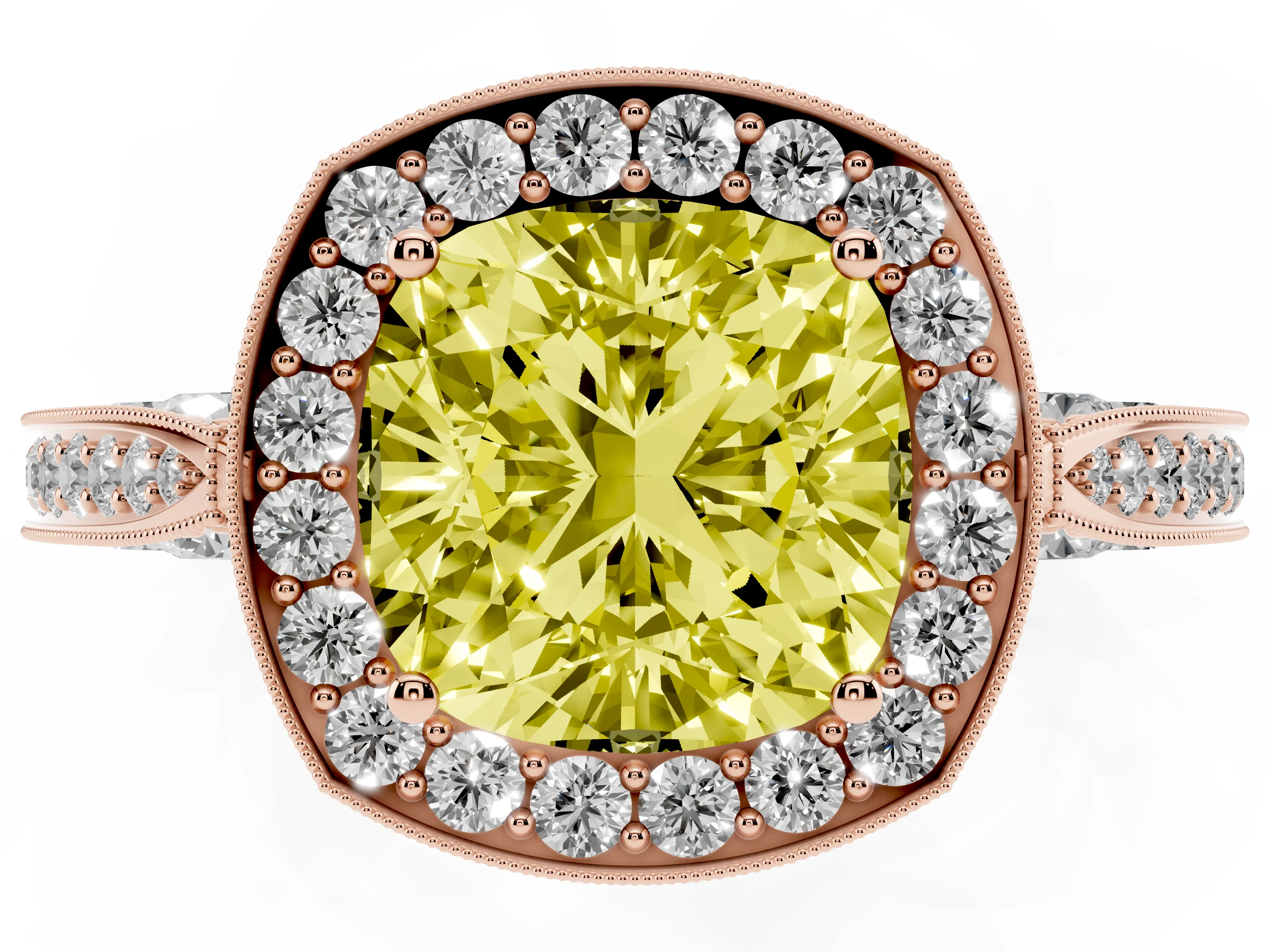 Fancy Yellow Cushion Cut Diamond Halo Engagement Ring Set in Rose gold with Accent Split Shank Band