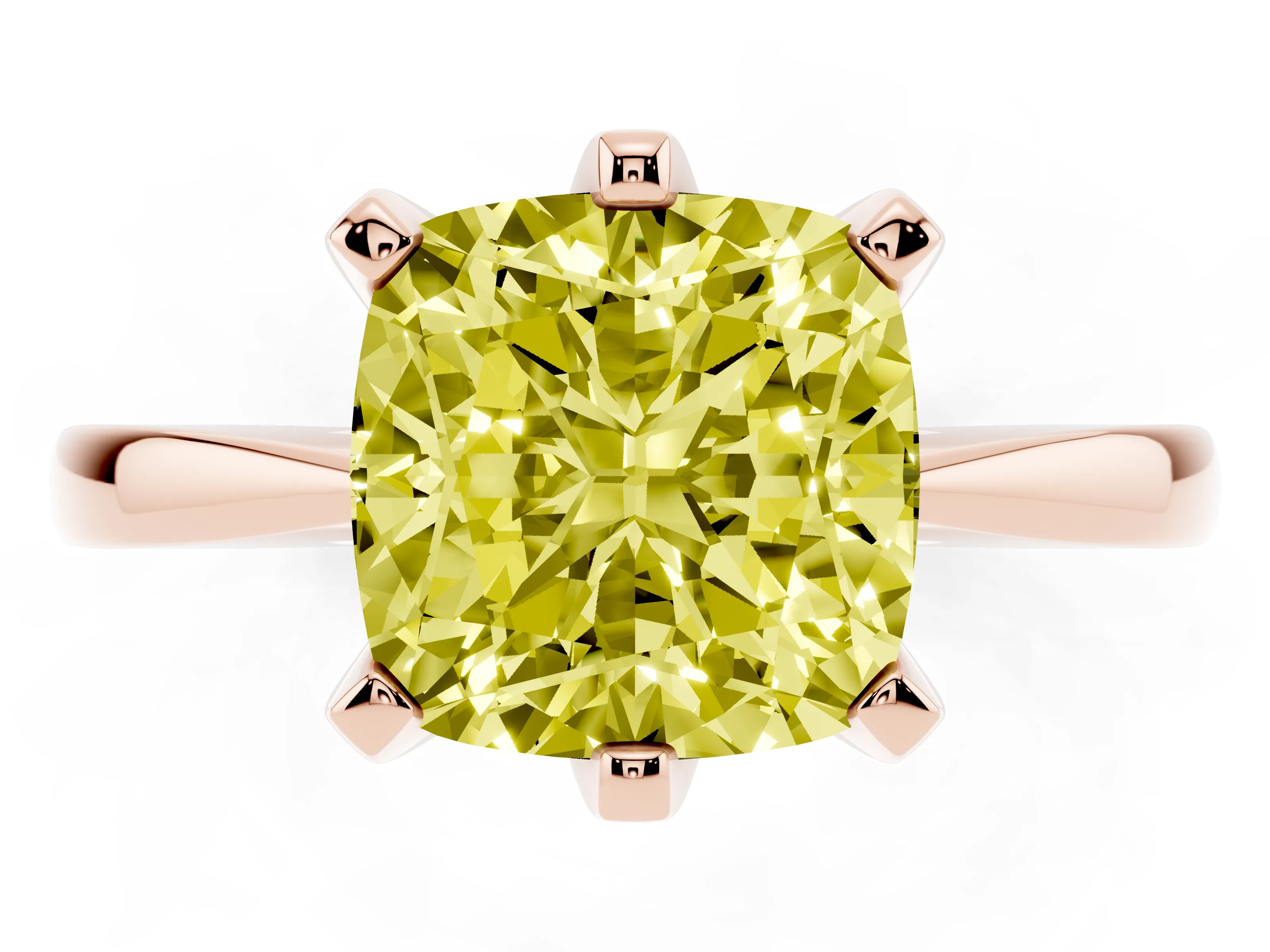 Fancy Yellow Cushion Cut Diamond Solitaire Engagement Ring Set in Rose gold with Slim Tapered Solitaire Band