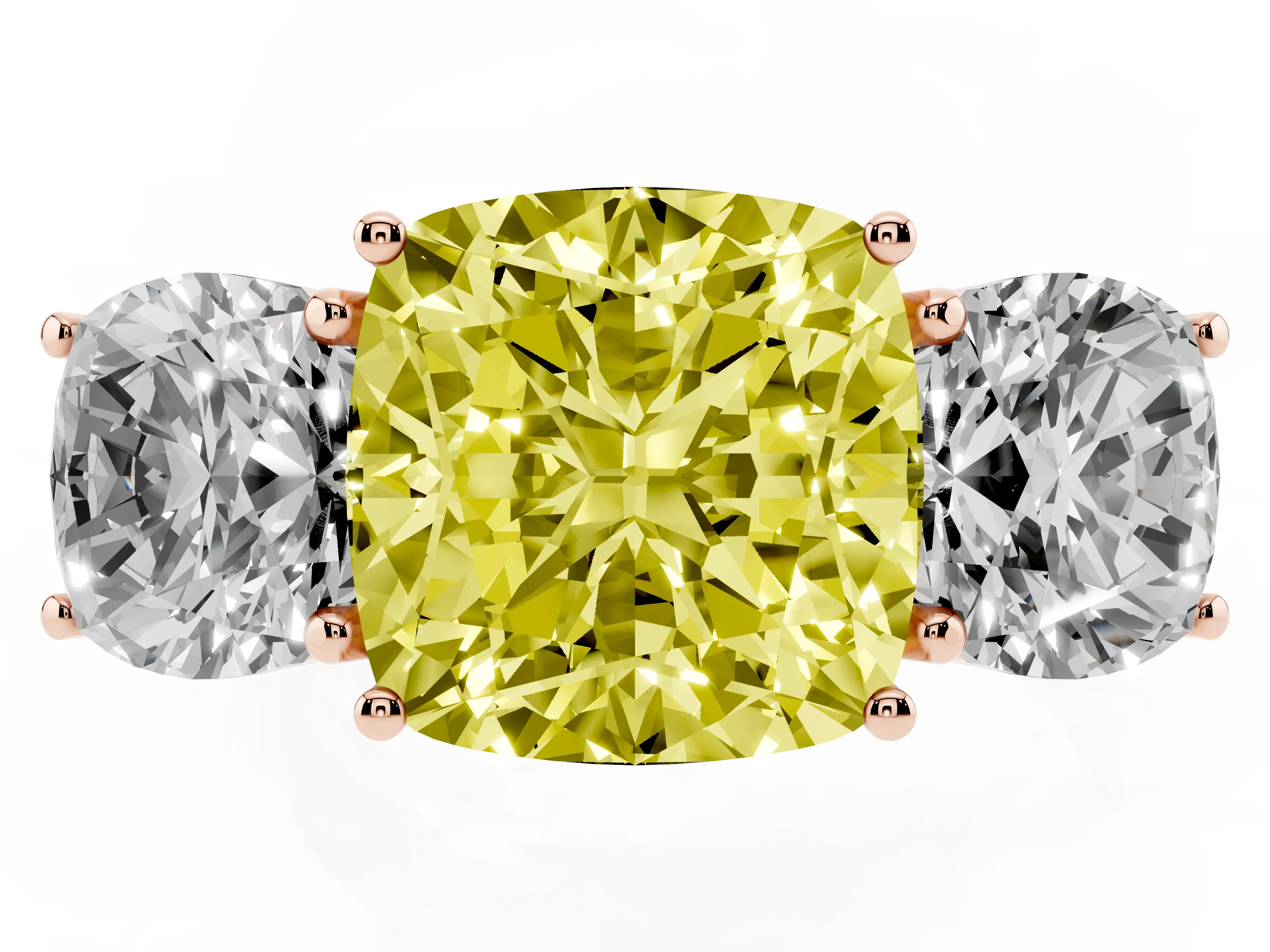 Fancy Yellow Cushion Cut Diamond Three-Stone Ring Set in Rose gold with Braided Band
