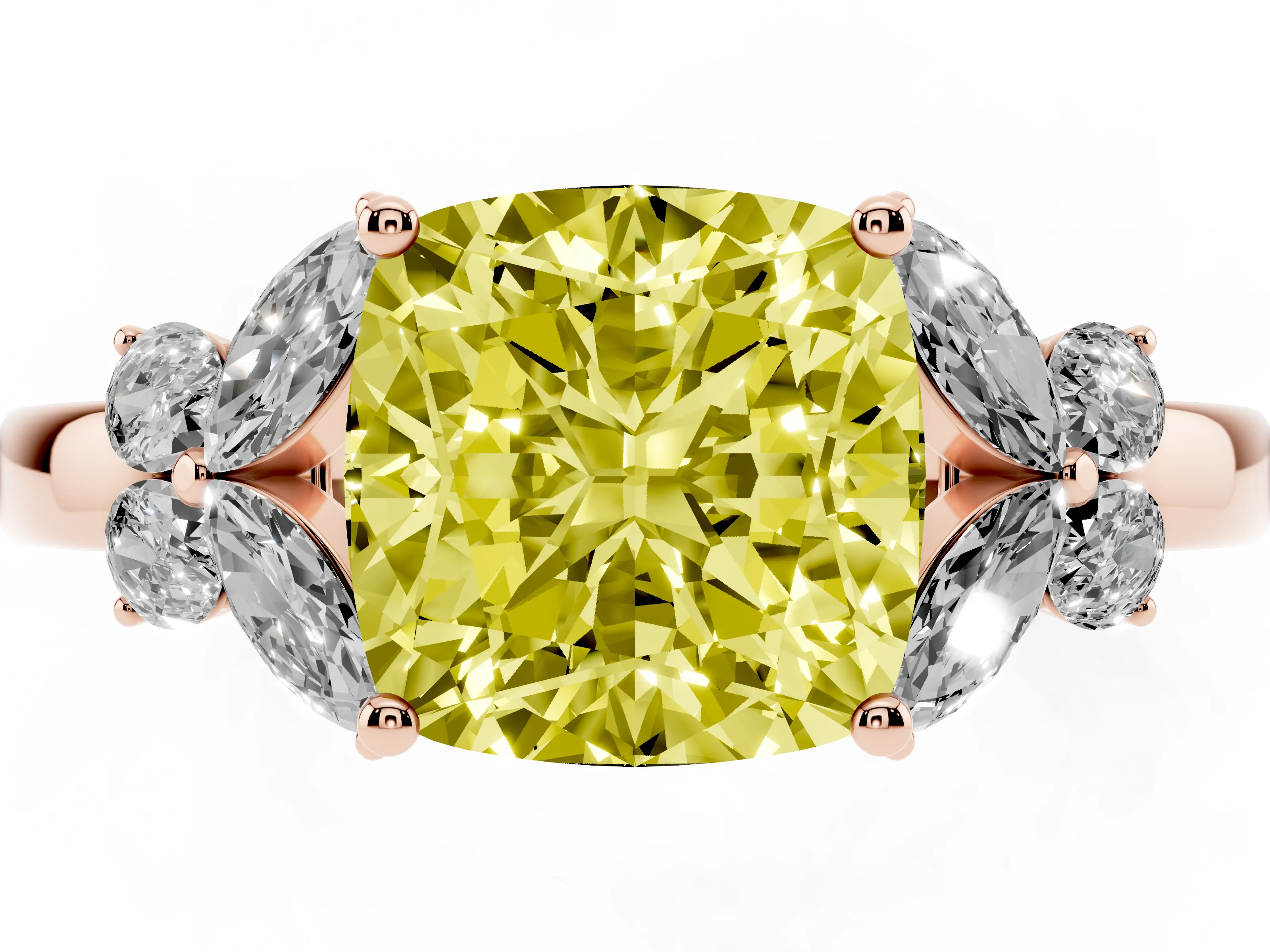 Fancy Yellow Cushion Cut Diamond Solitaire Floral Ring Set in Rose gold with Marquise Petals and Prong Setting