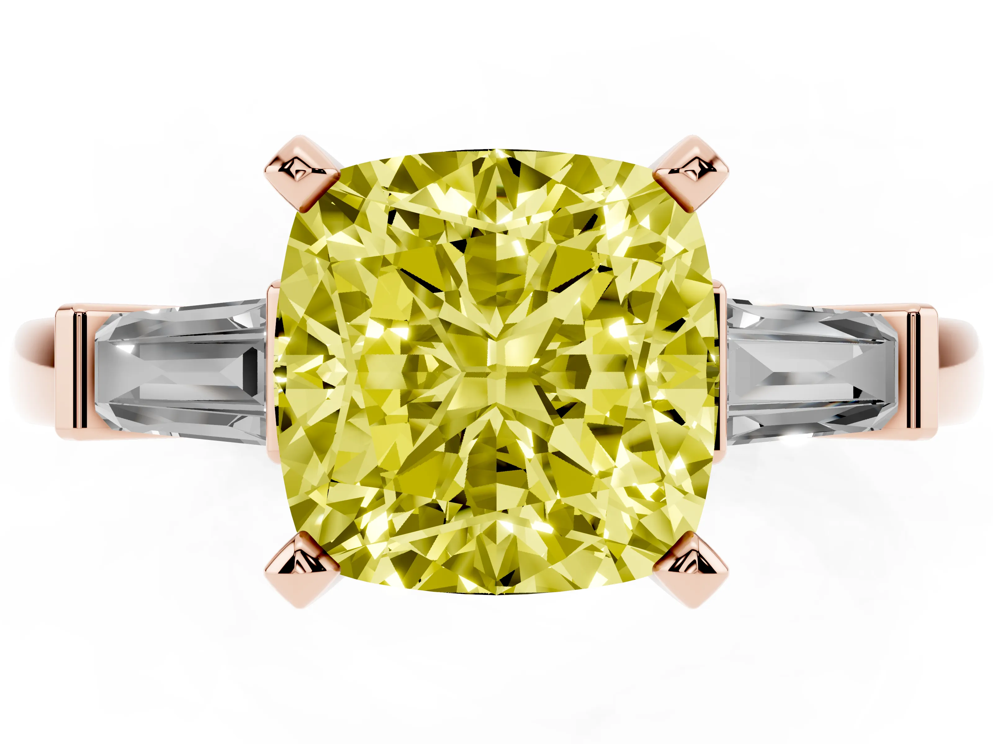 Fancy Yellow Cushion Cut Diamond Solitaire Ring Set in Rose gold with Tapered Baguette Accents and Prong Setting