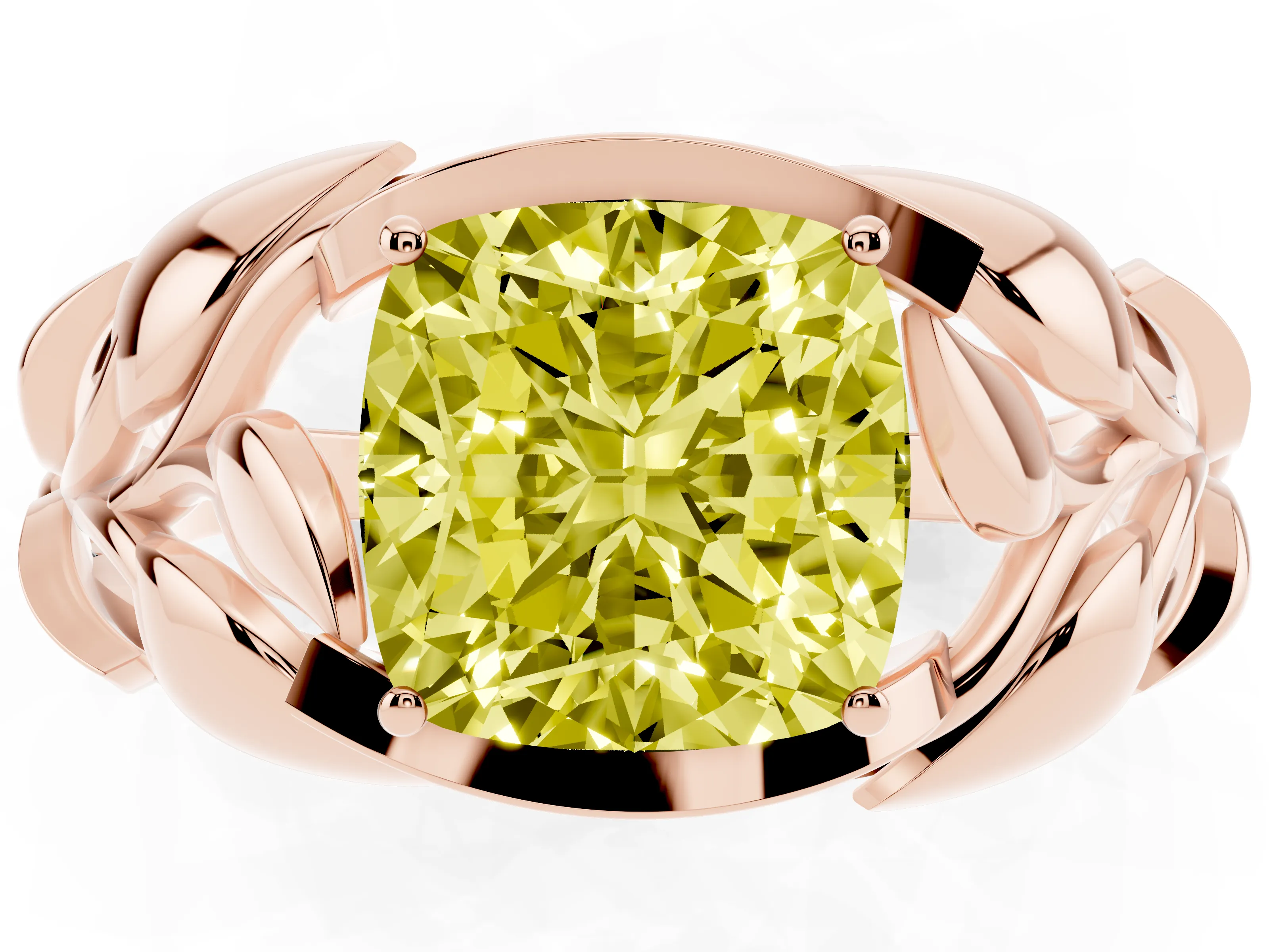 Fancy Yellow Cushion Cut Diamond Leaf-Inspired Engagement Ring Set in Rose gold with Round Accents