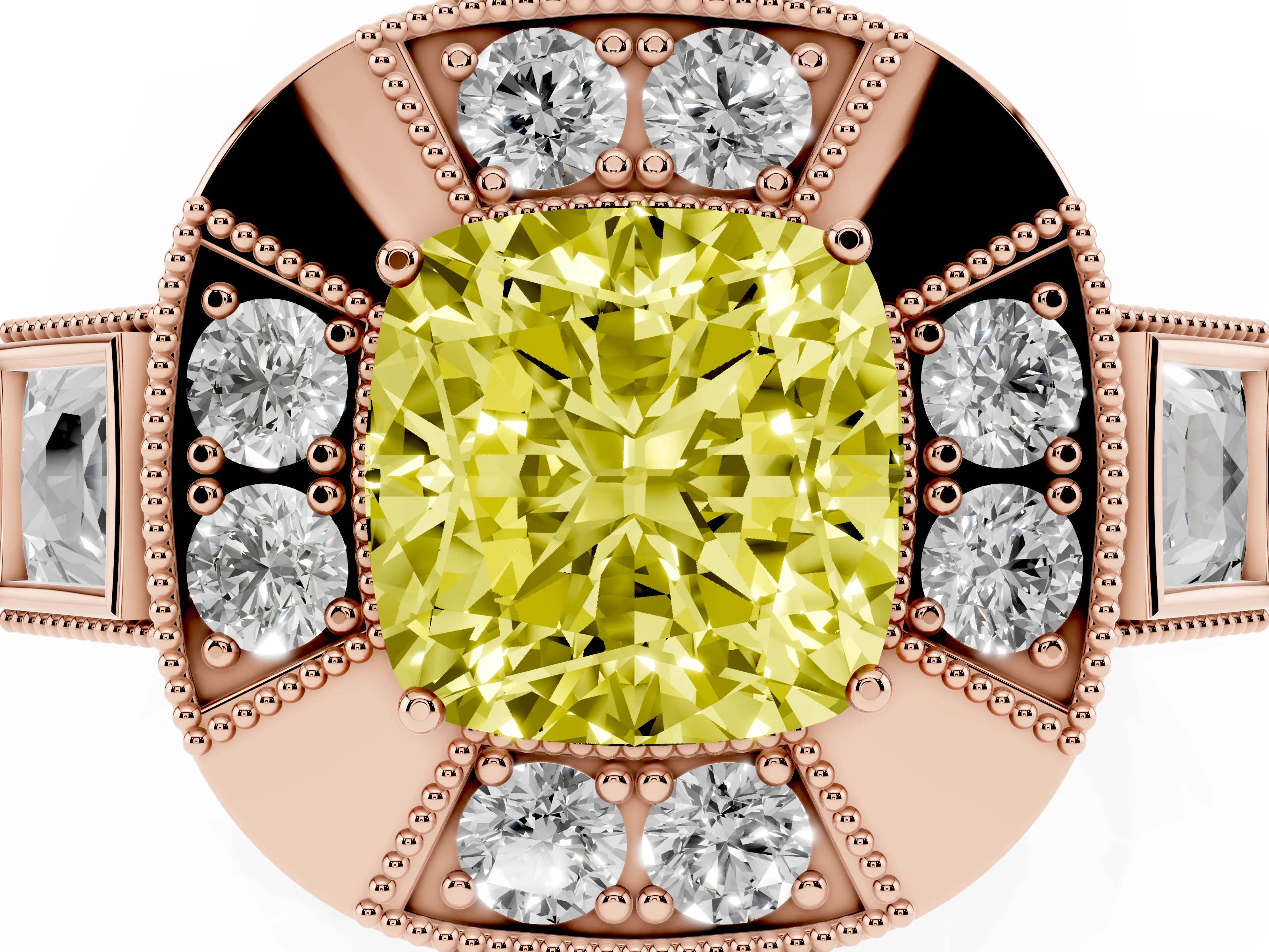 Fancy Yellow Cushion Cut Diamond Milgrain Halo Ring Set in Rose gold with Split Shank