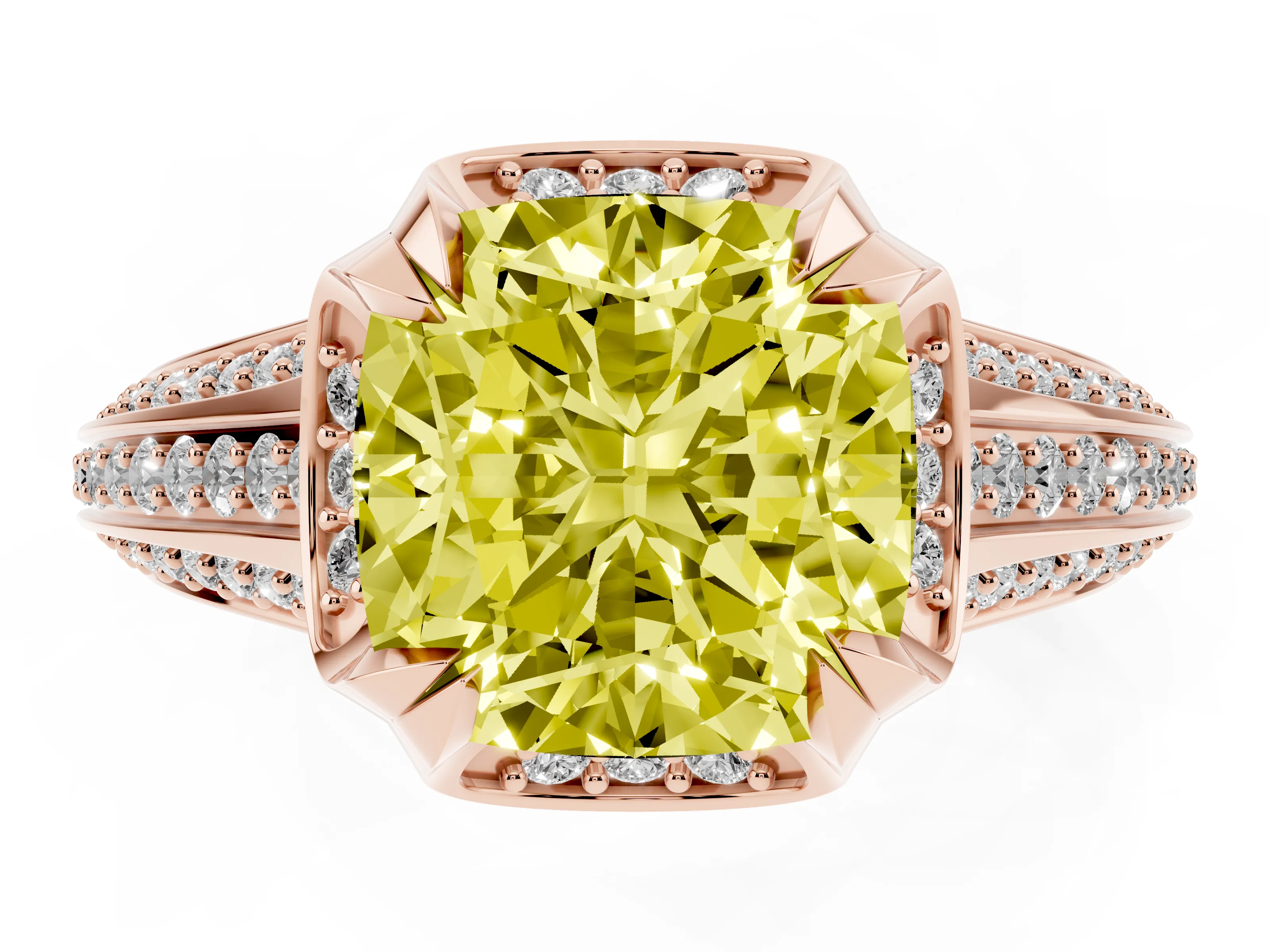 Fancy Yellow Cushion Cut Diamond Pavé Split Shank Solitaire Ring Set in Rose gold with Prong Setting