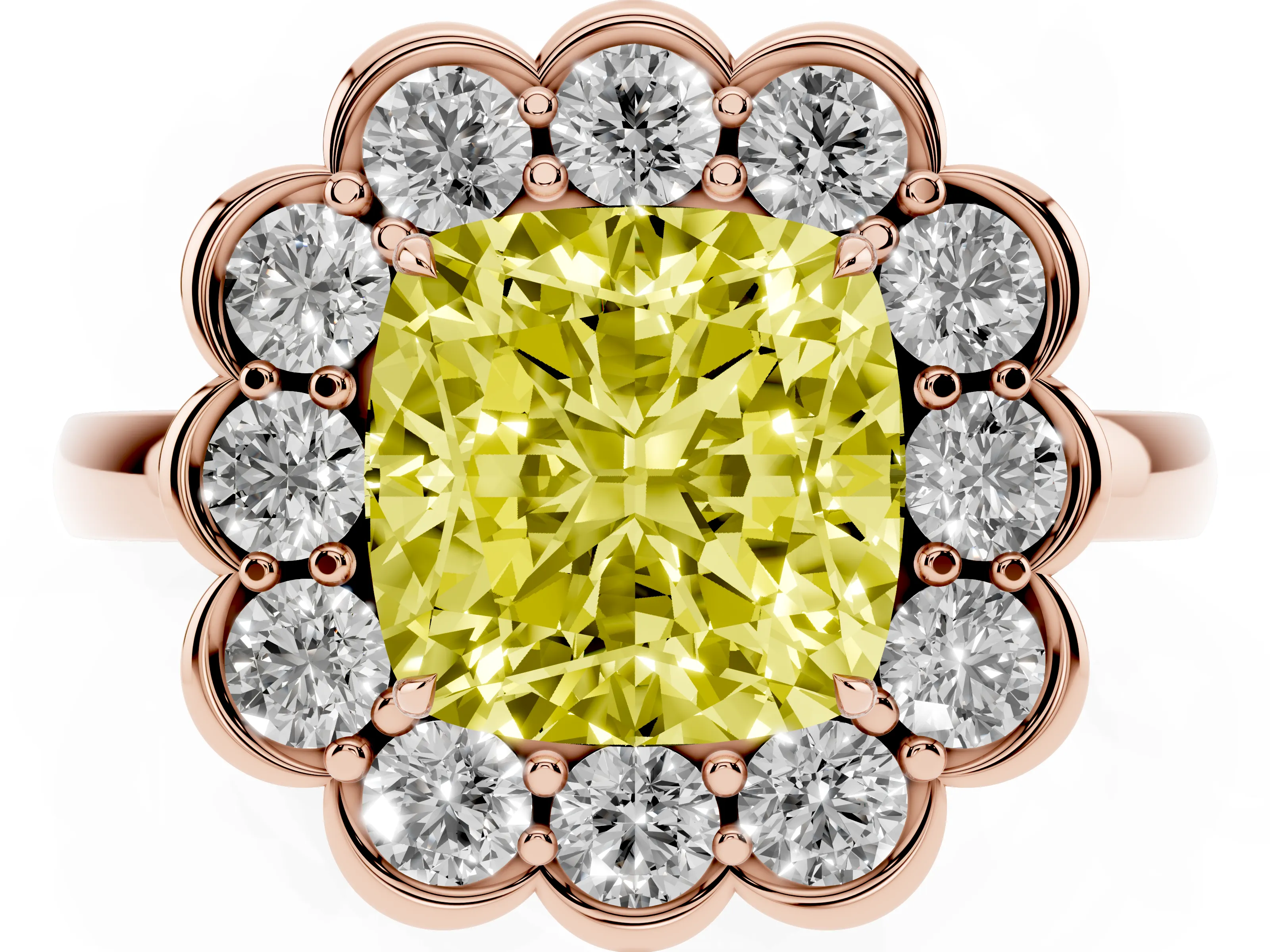 Fancy Yellow Cushion Cut Diamond Halo Cluster Engagement Ring Set in Rose gold with Solitaire Band and Prong Setting