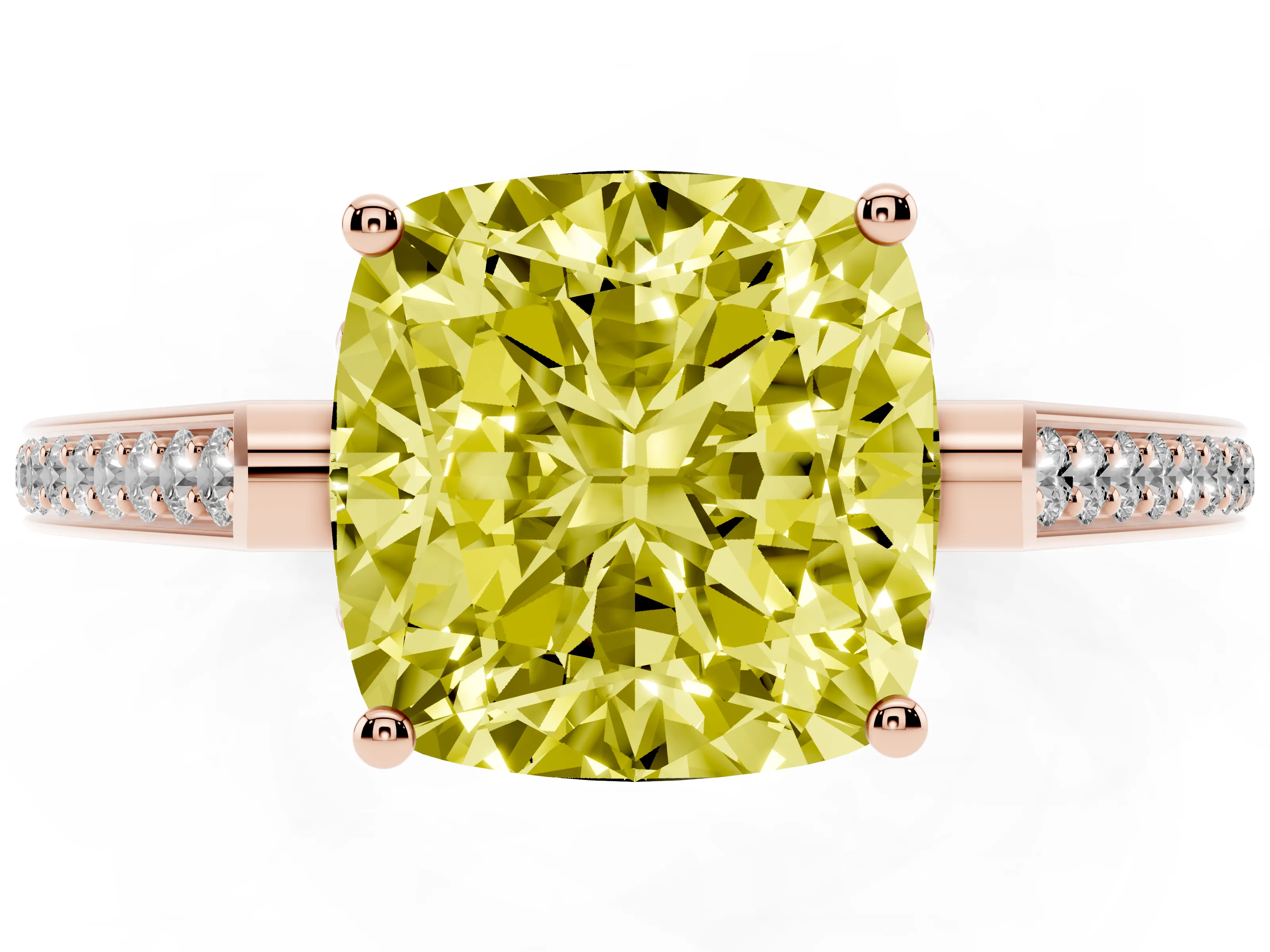 Fancy Yellow Cushion Cut Diamond Cathedral Pavé Engagement Ring Set in Rose gold with Prong Setting
