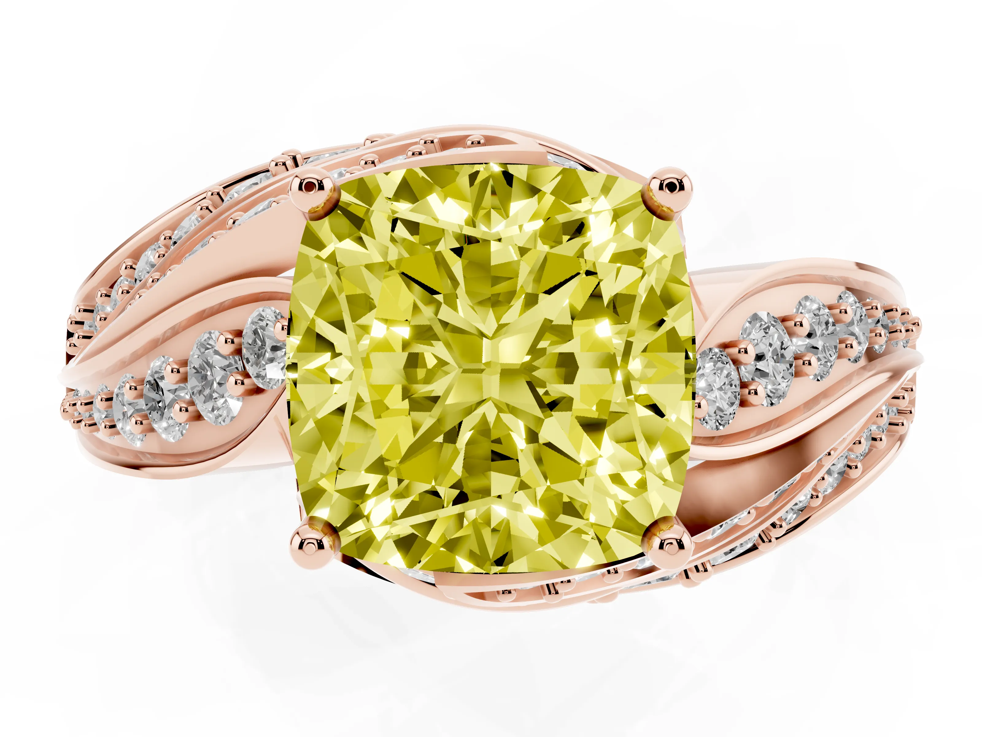 Fancy Yellow Cushion Cut Diamond Solitaire Ring Set in Rose gold with Layered Twist Pavé Band