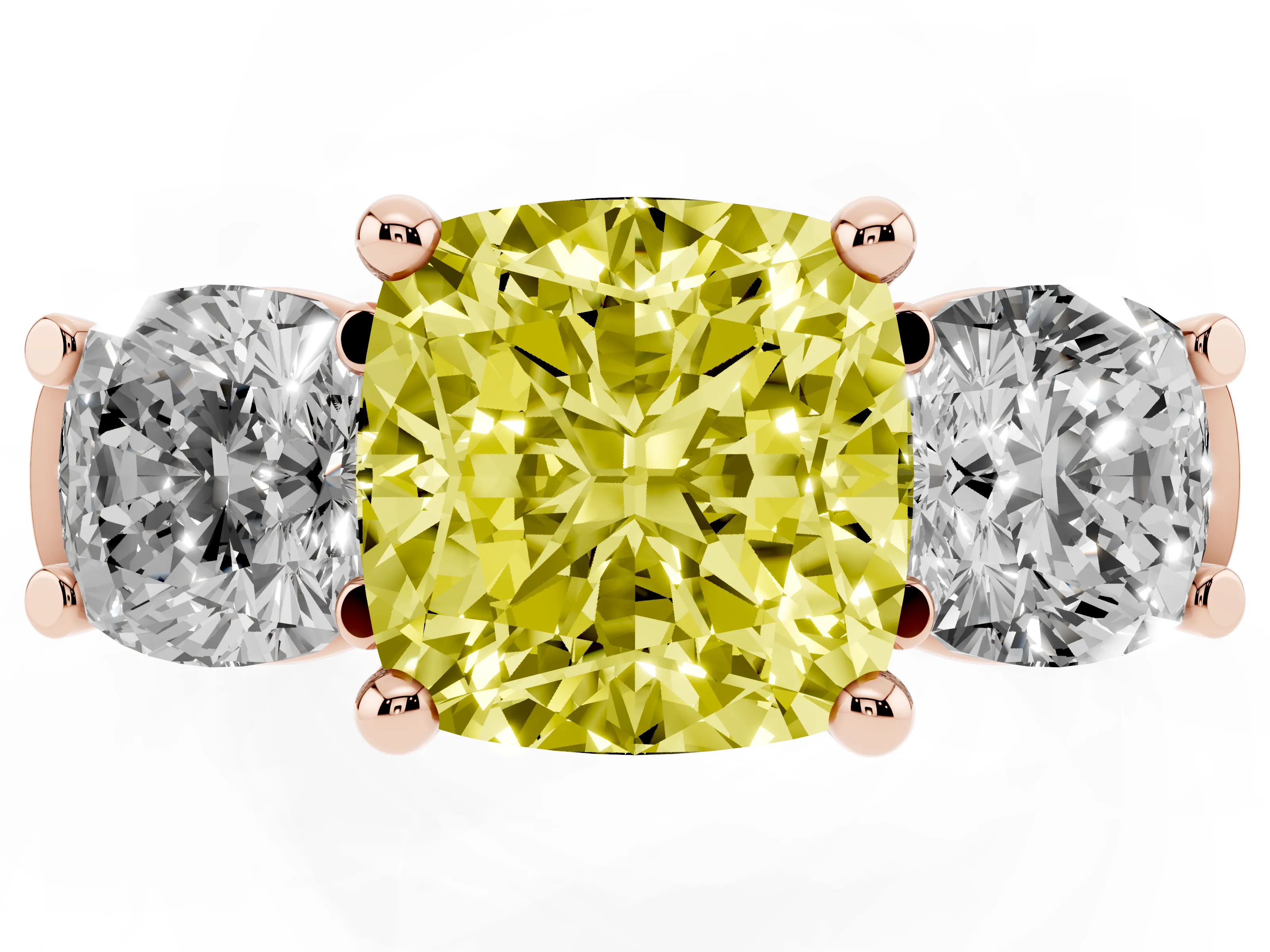 Fancy Yellow Cushion Cut Diamond Three-Stone Trellis Ring Set in Rose gold with Comfort Fit Band
