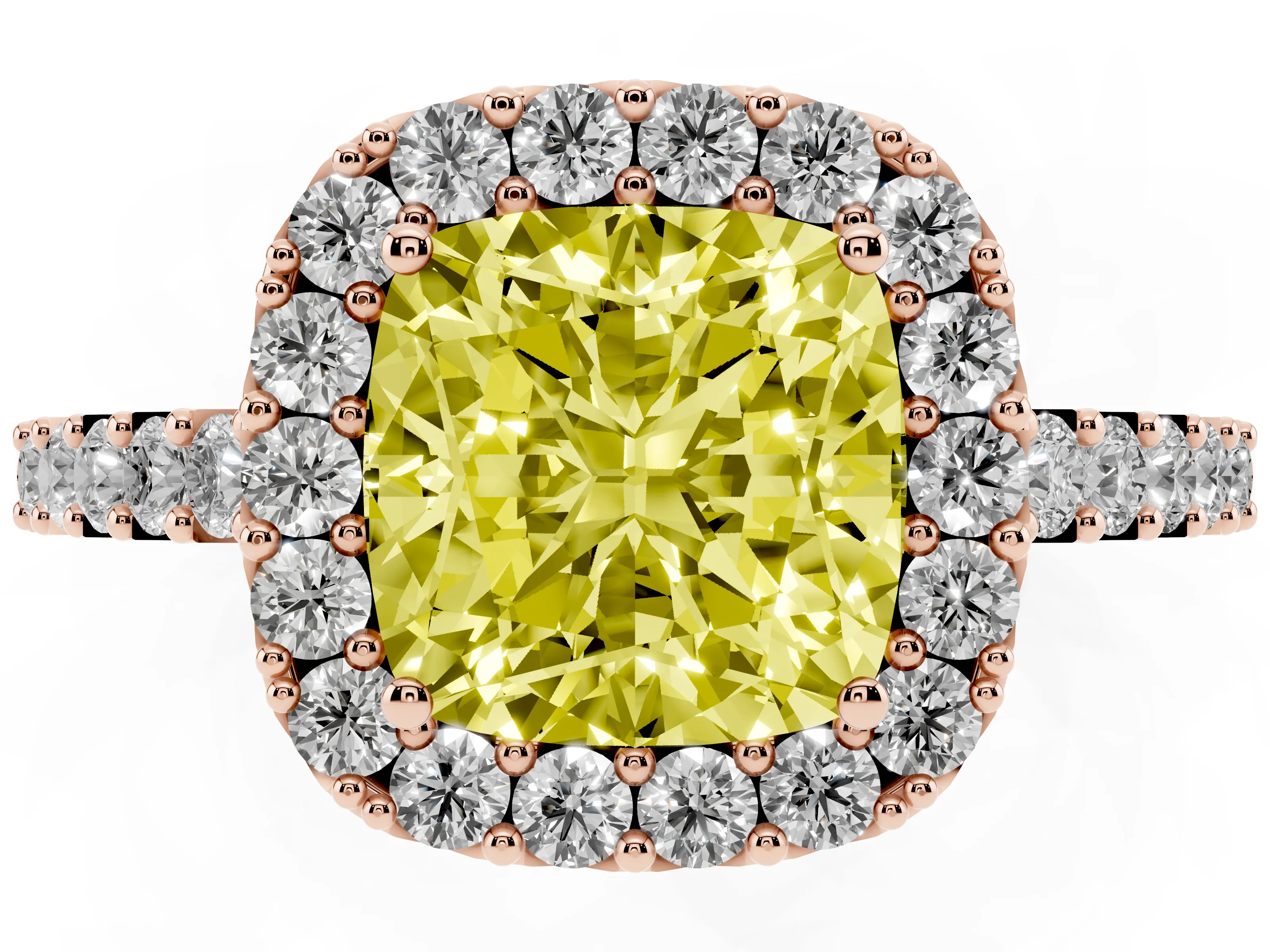 Fancy Yellow Cushion Cut Diamond Halo Pavé Solitaire Ring Set in Rose gold with Prong-Set Center Stone