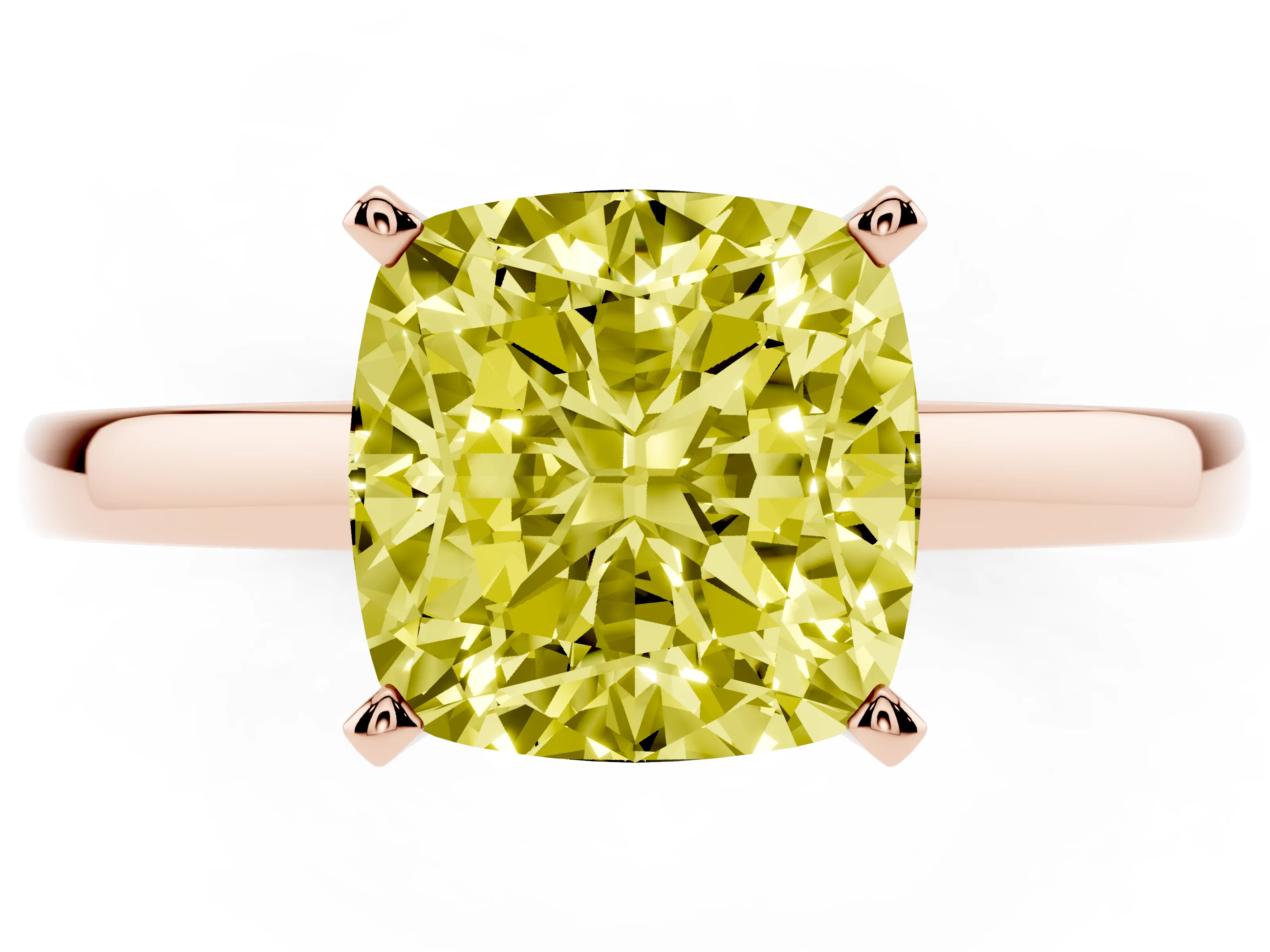 Fancy Yellow Cushion Cut Diamond Solitaire Engagement Ring Set in Rose gold with Prong Setting on a Classic Band