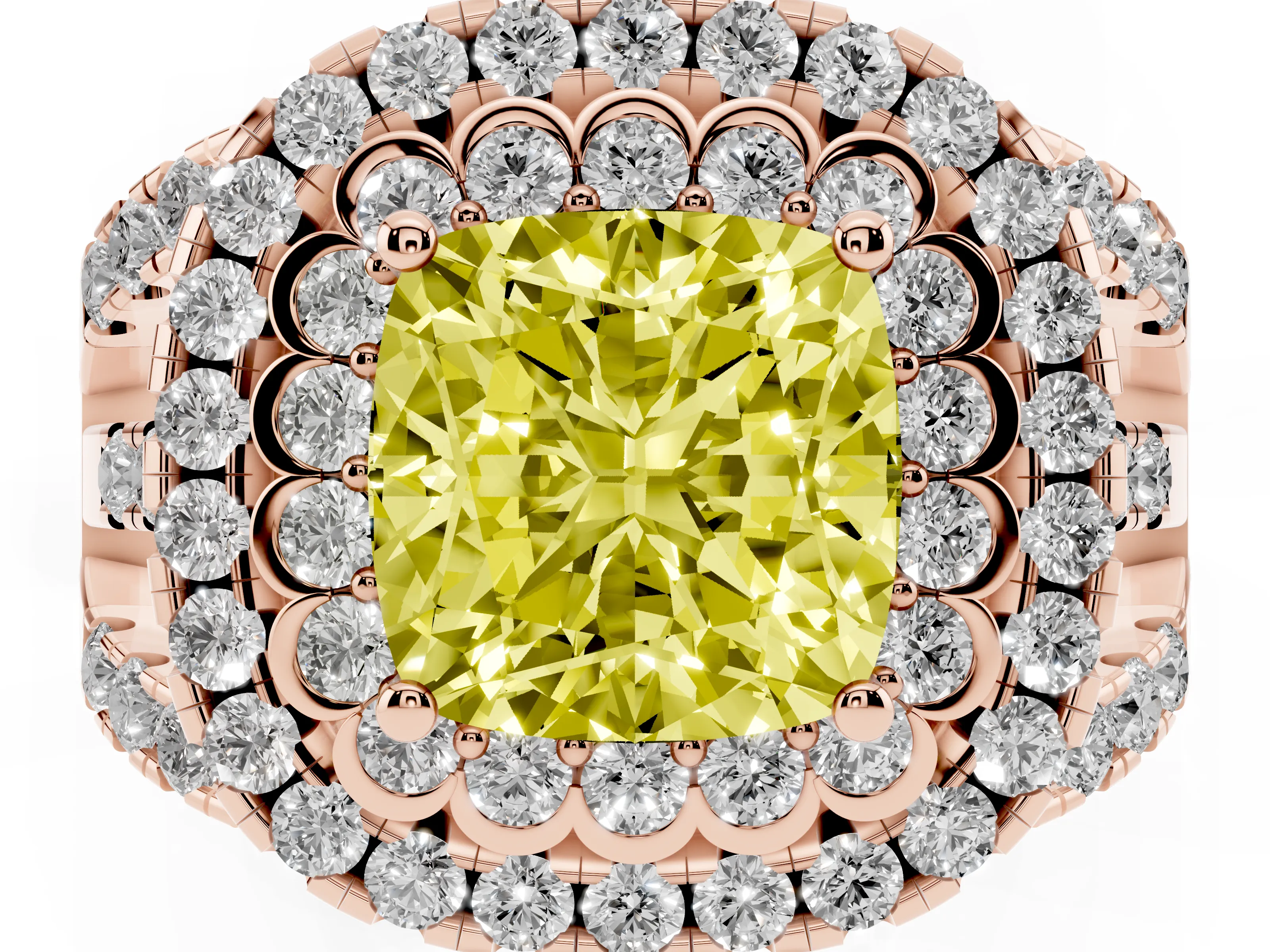 Fancy Yellow Cushion Cut Diamond Double Halo Ring Set in Rose gold with Round Pavé Split Shank
