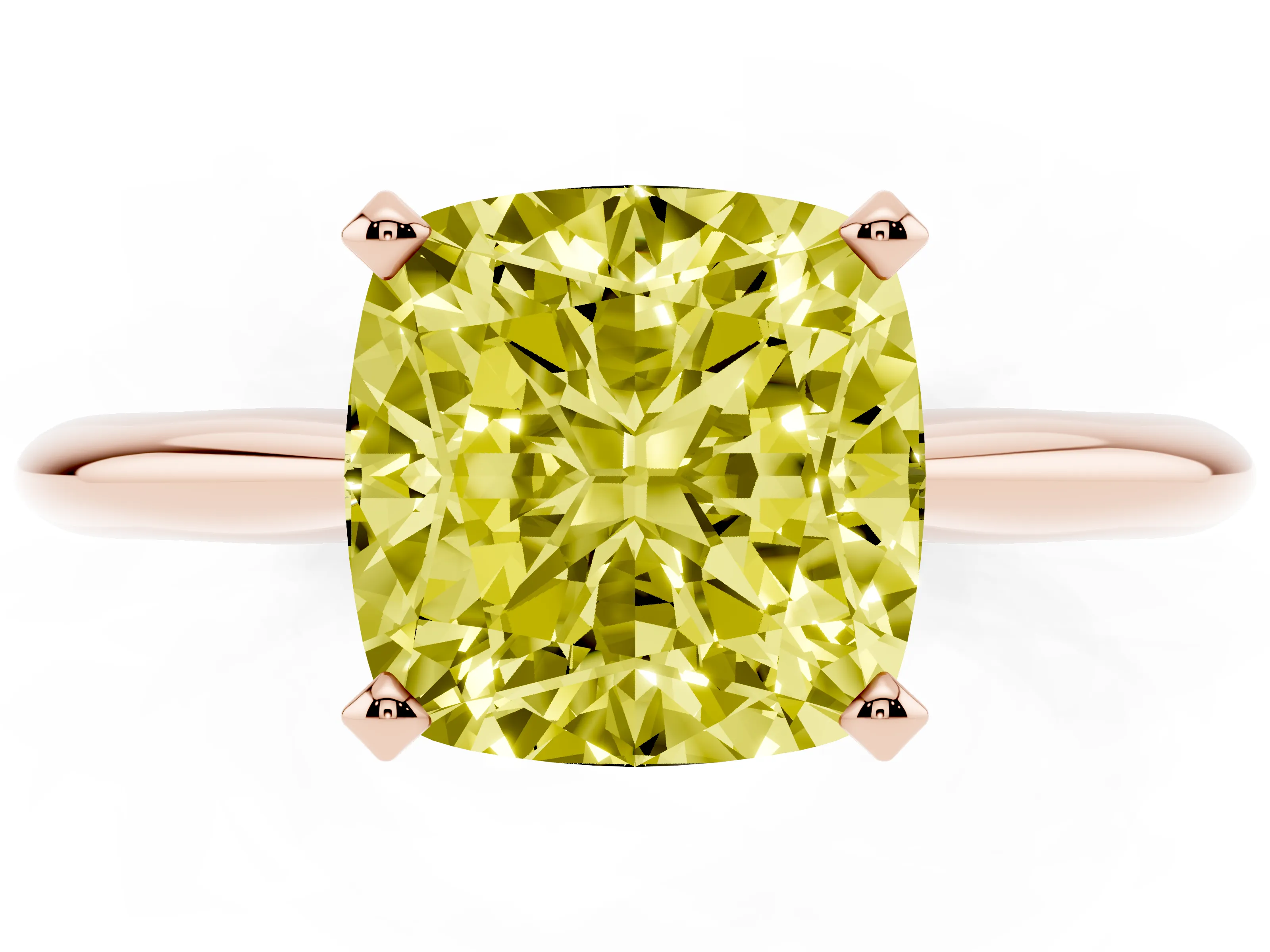 Fancy Yellow Cushion Cut Diamond Solitaire Ring Set in Rose gold with Prong Setting on a Plain Round Band