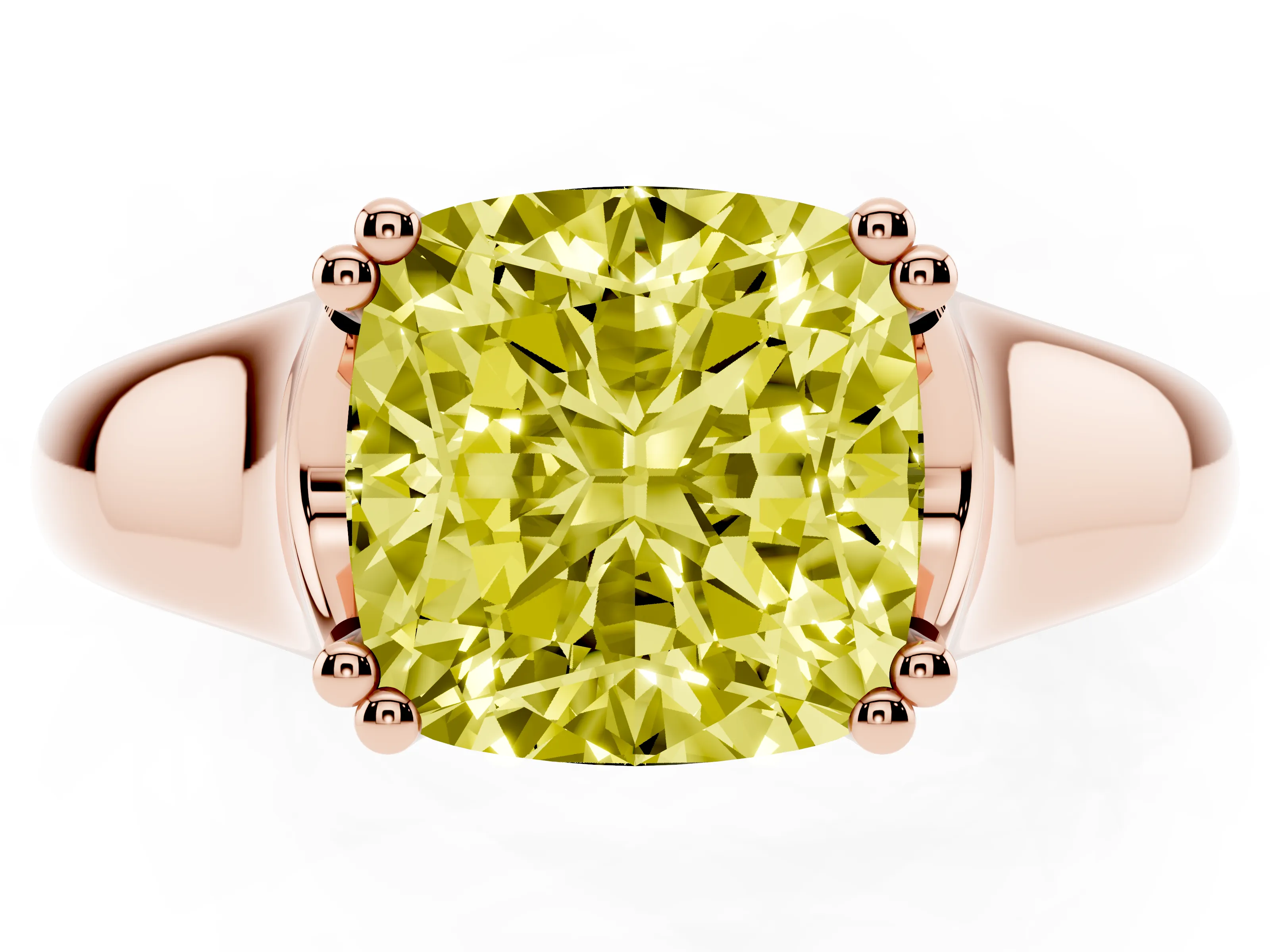 Fancy Yellow Cushion Cut Diamond Solitaire Ring Set in Rose gold with Wide Band and Prong Setting