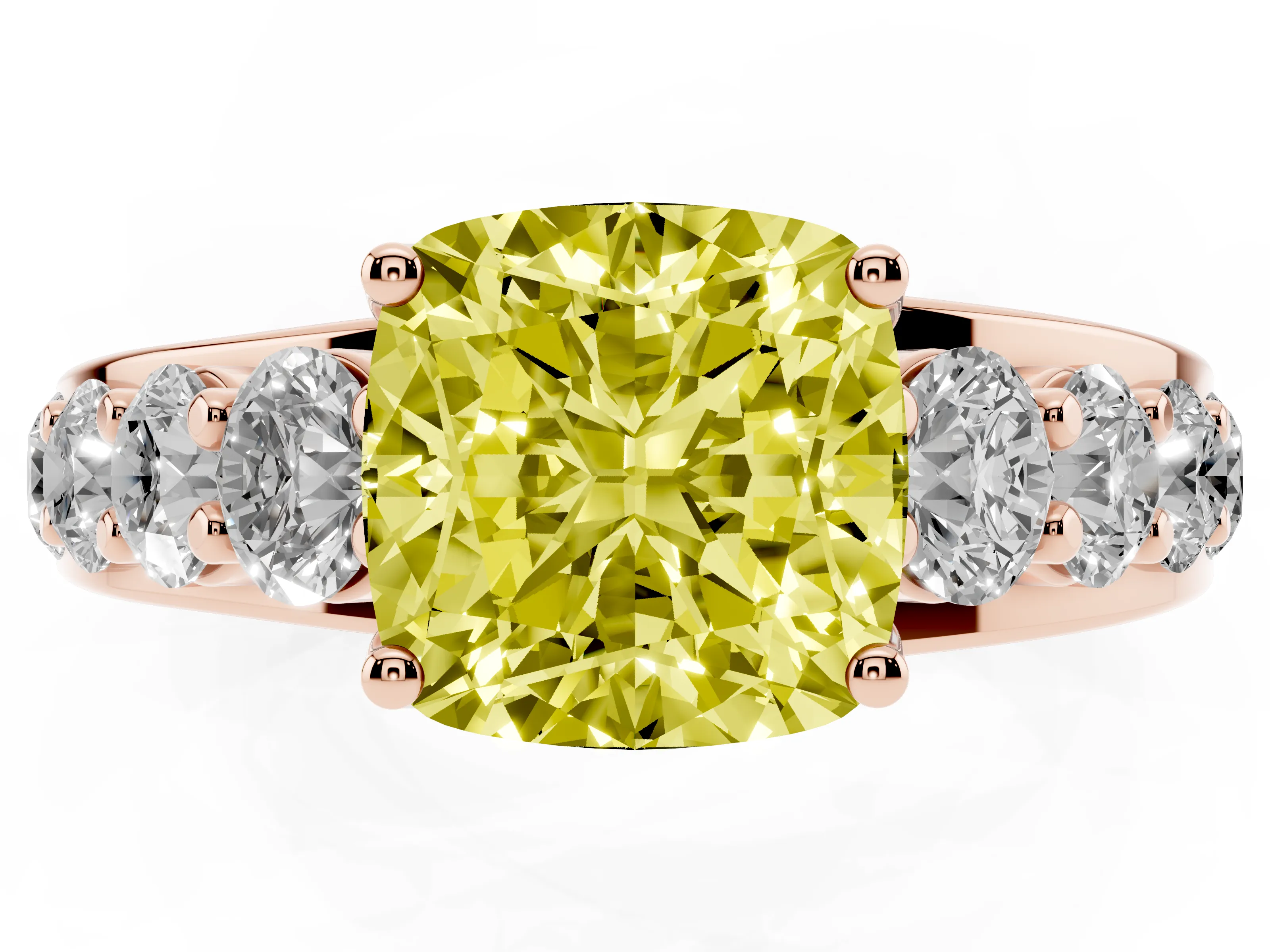 Fancy Yellow Cushion Cut Diamond Pavé Engagement Ring Set in Rose gold with Prong Setting