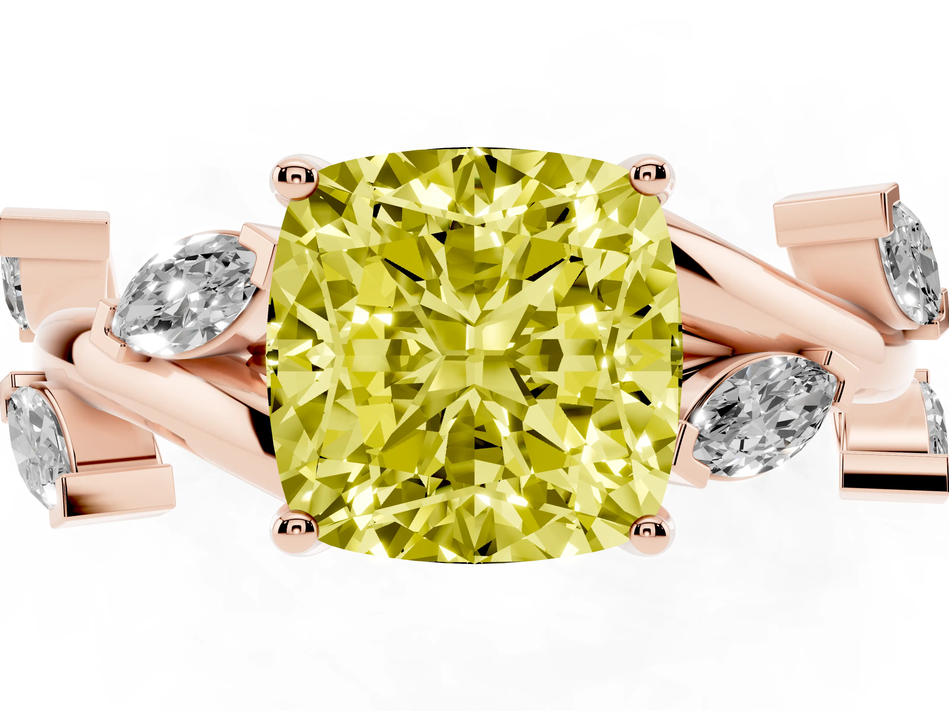 Fancy Yellow Cushion Cut Diamond Solitaire Ring Set in Rose gold with Twisted Marquise Accent Band