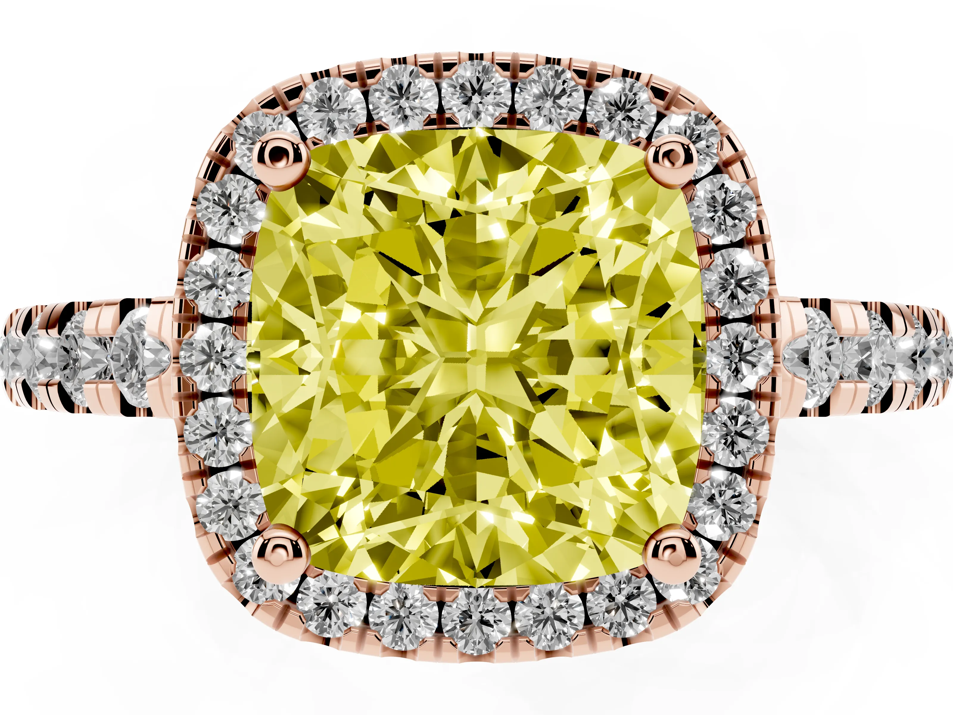 Fancy Yellow Cushion Cut Diamond Halo Ring Set in Rose gold with Delicate Pavé Band and Prong Setting