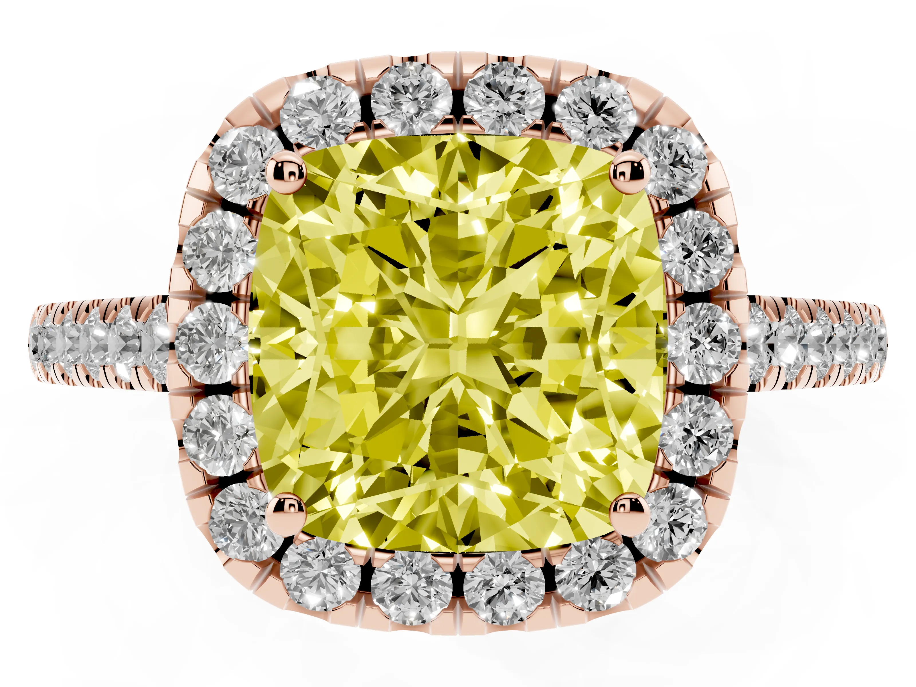 Fancy Yellow Cushion Cut Diamond Pavé Halo Engagement Ring Set in Rose gold with Pavé Band and Prong Setting