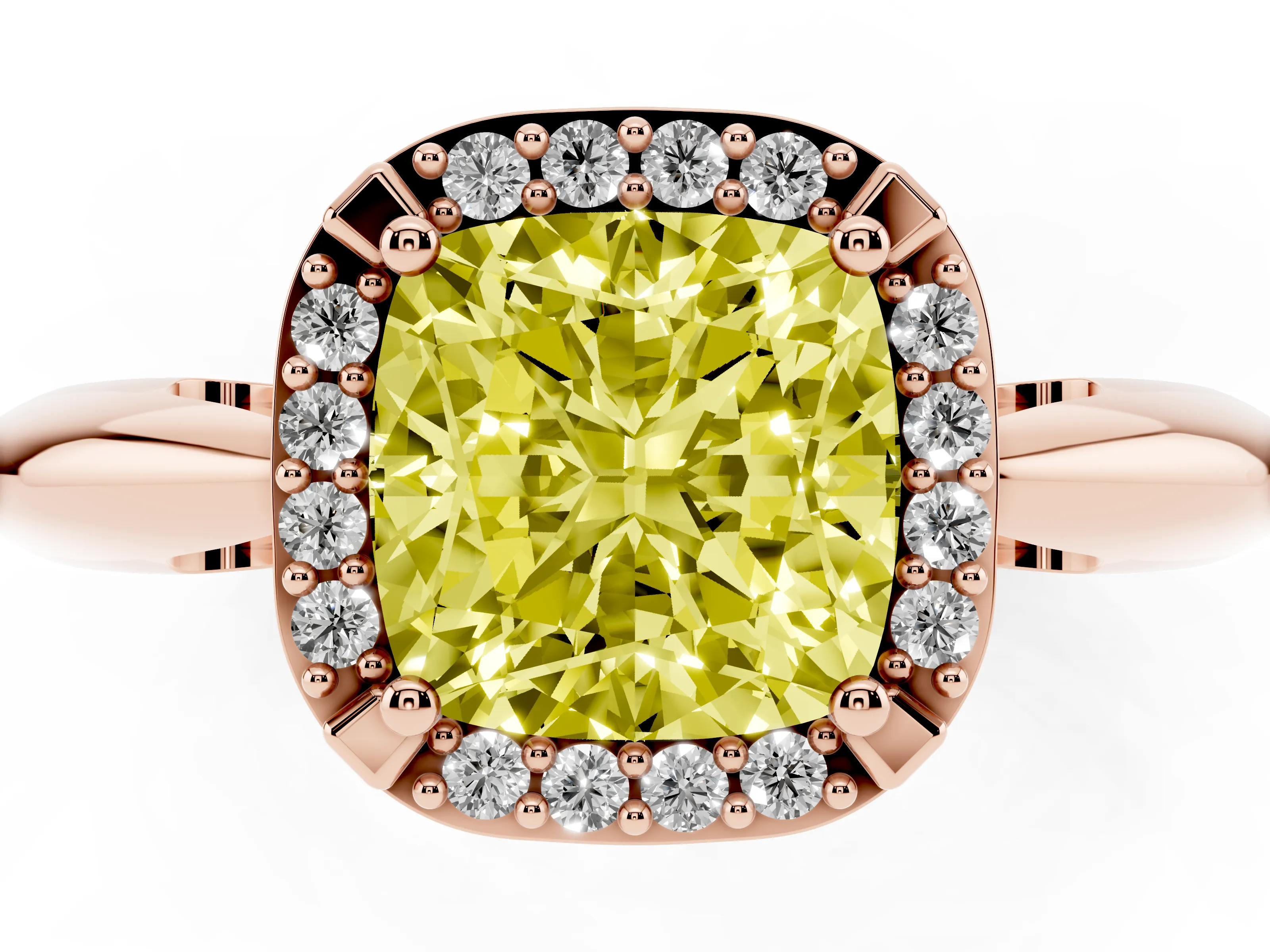 Fancy Yellow Cushion Cut Diamond Halo Engagement Ring Set in Rose gold with Plain Split Shank and Prong Setting