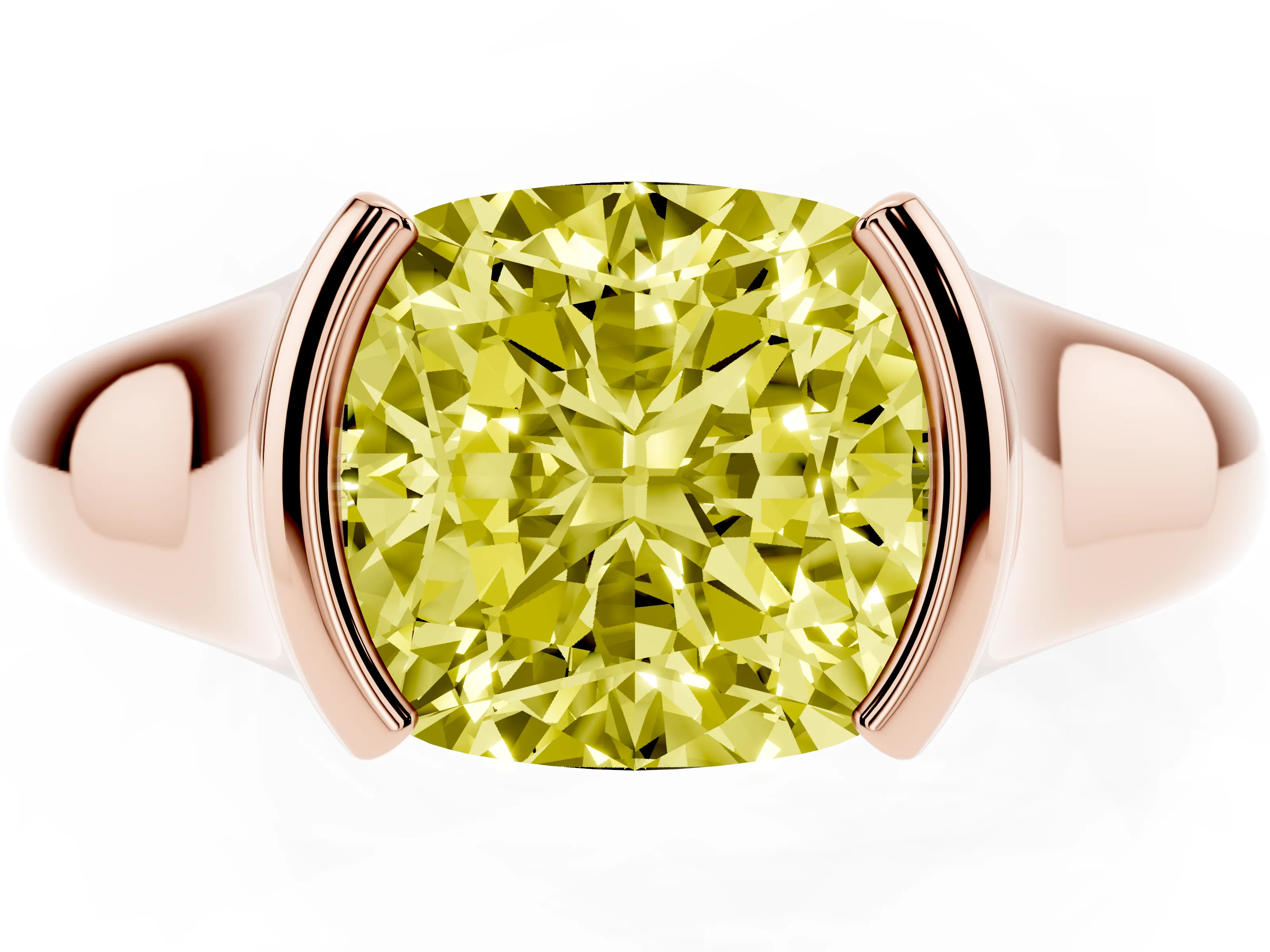 Fancy Yellow Cushion Cut Diamond Solitaire Tension Set Ring Set in Rose gold with Split Shank Band