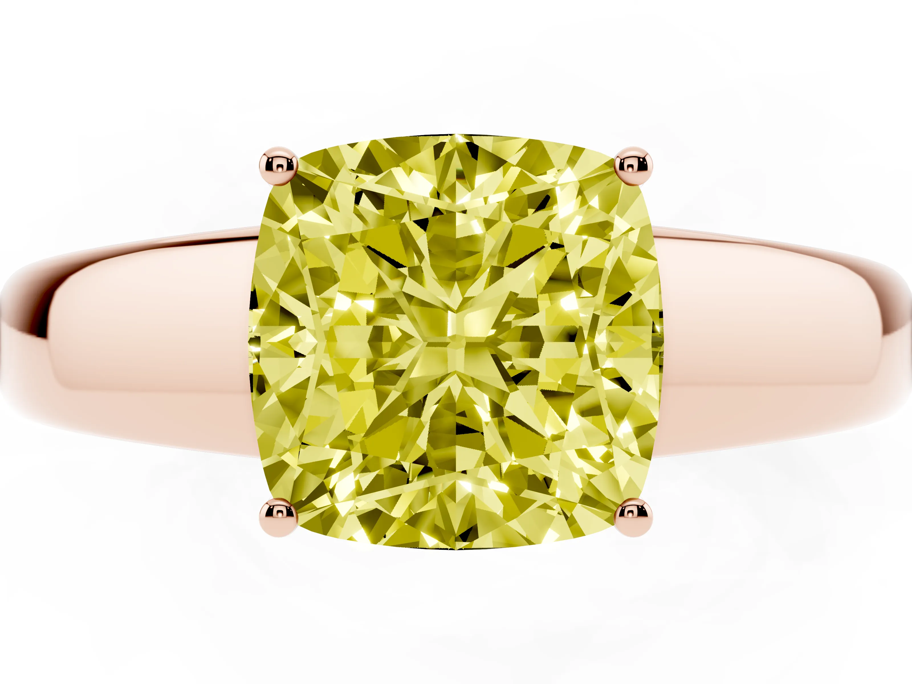 Fancy Yellow Cushion Cut Diamond Solitaire Ring Set in Rose gold with Tapered Band and Prong Setting