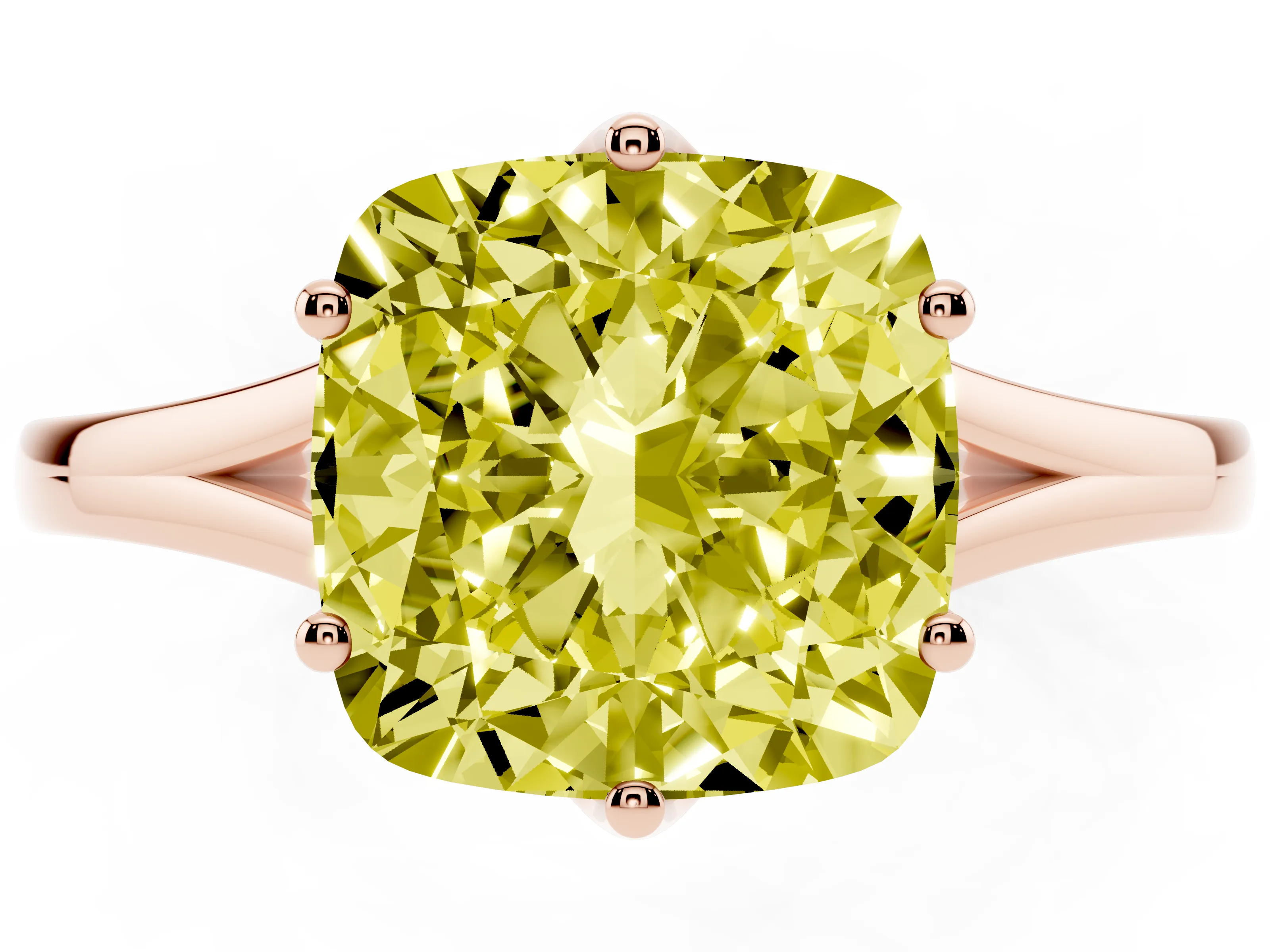 Fancy Yellow Cushion Cut Diamond Solitaire Ring Set in Rose gold with Polished Tapered Band and Prong Setting