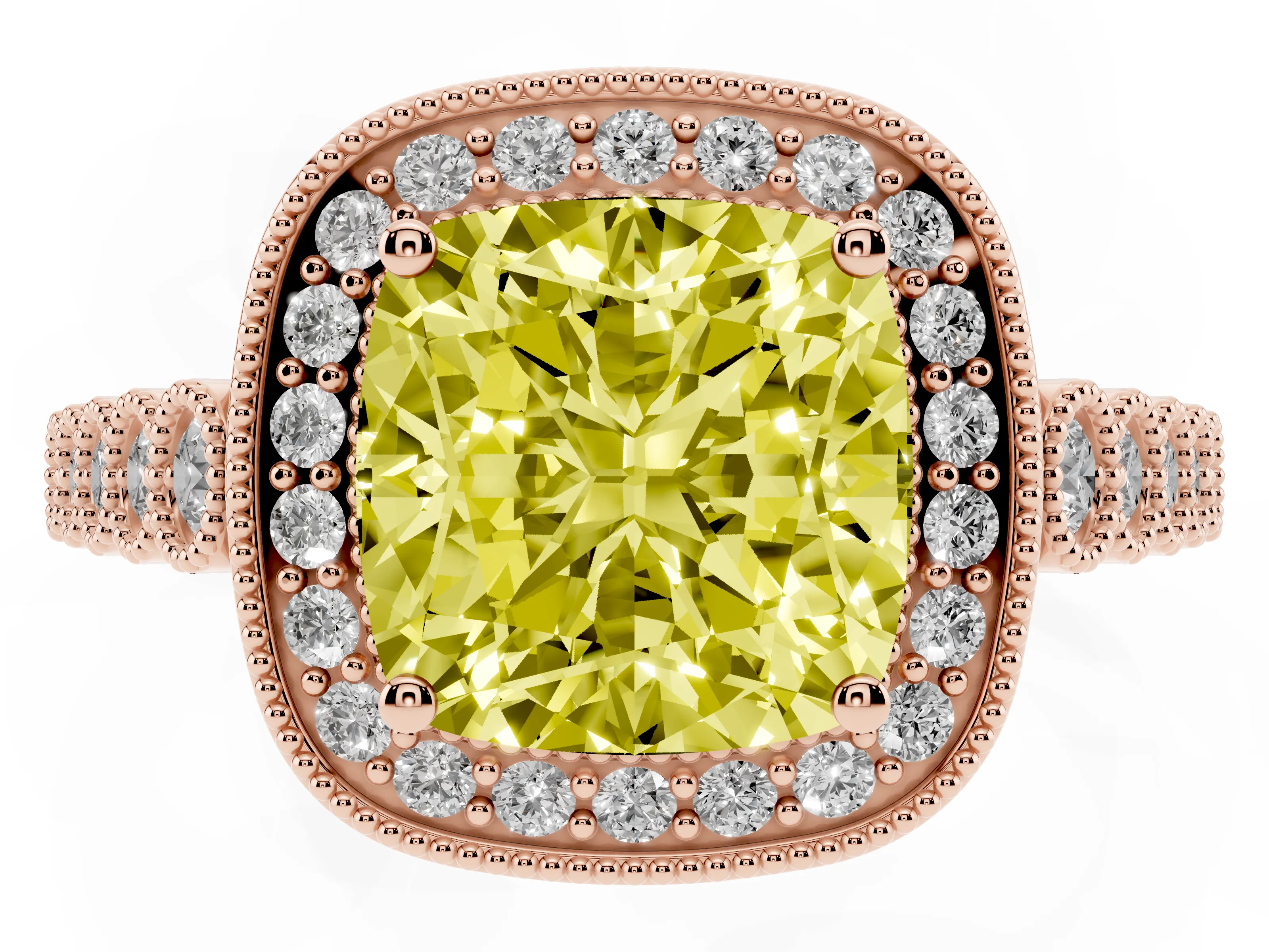 Fancy Yellow Cushion Cut Diamond Milgrain Halo Solitaire Ring Set in Rose gold with Bezel Set Side Stones and Pavé Band