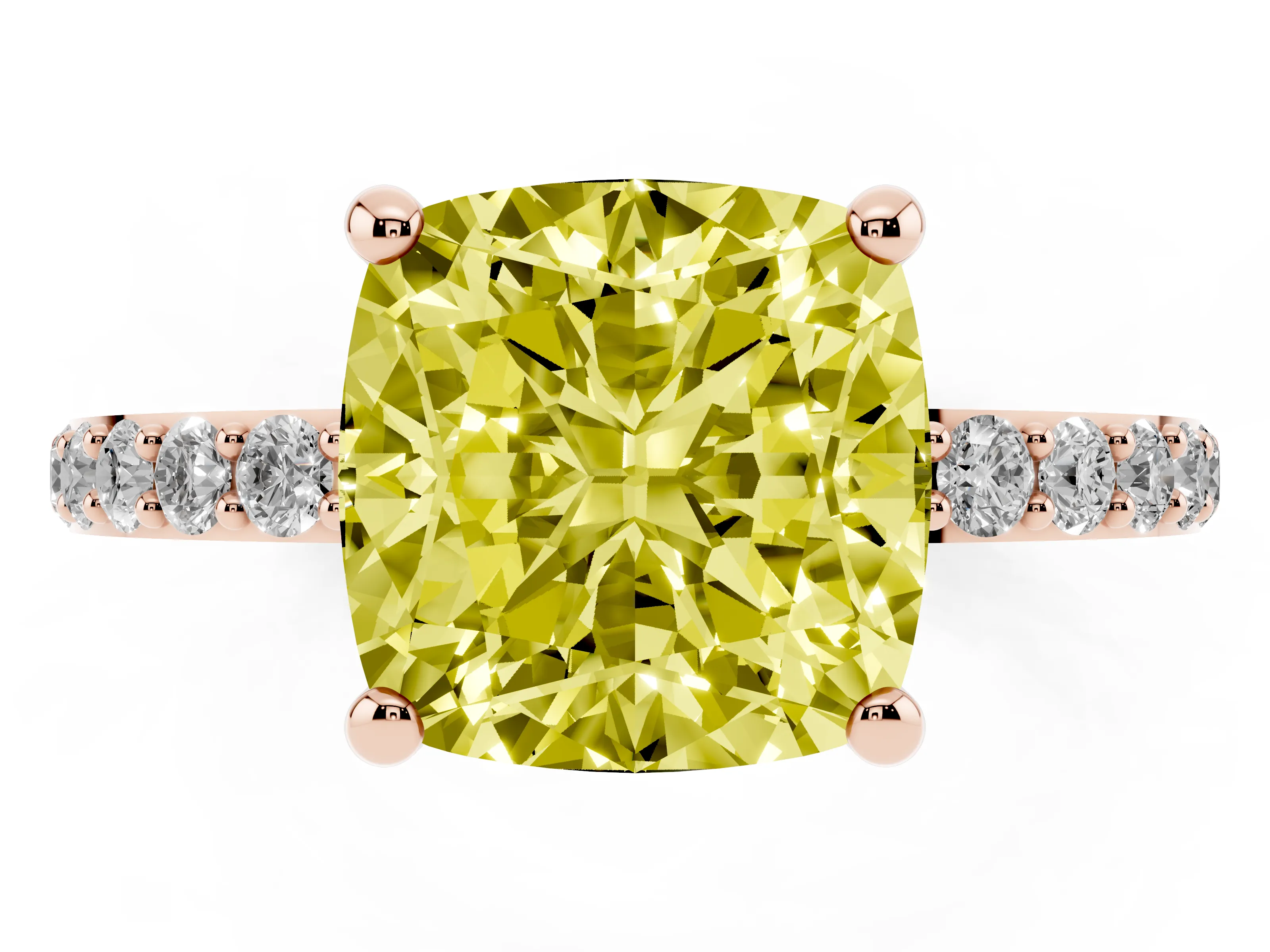 Fancy Yellow Cushion Cut Diamond Solitaire Ring Set in Rose gold with Round Pavé Band and Prong Setting