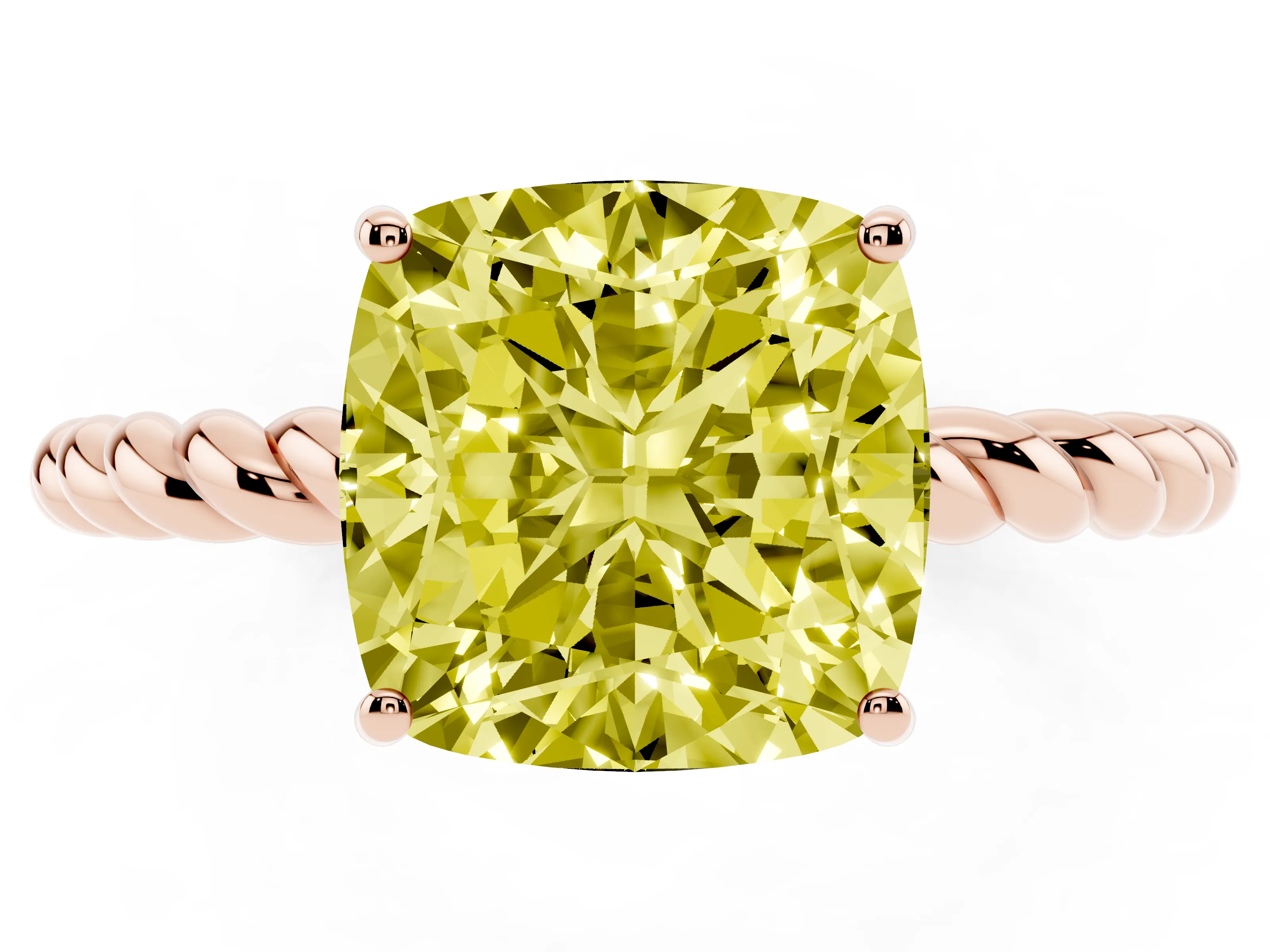 Fancy Yellow Cushion Cut Diamond Solitaire Ring Set in Rose gold with Twist Band and Prong Setting