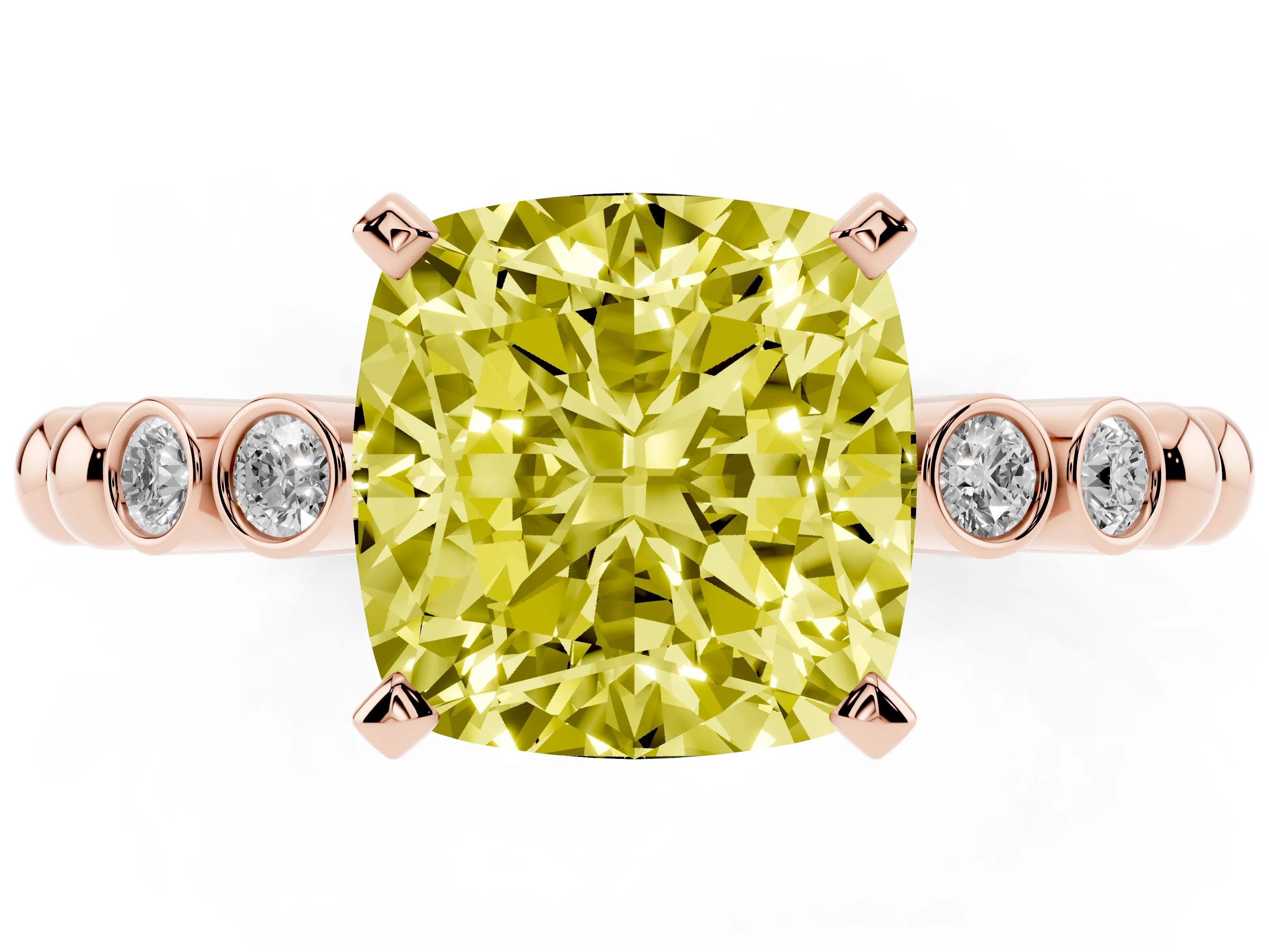 Fancy Yellow Cushion Cut Diamond Solitaire Engagement Ring Set in Rose gold with Bezel Accents on Beaded Band