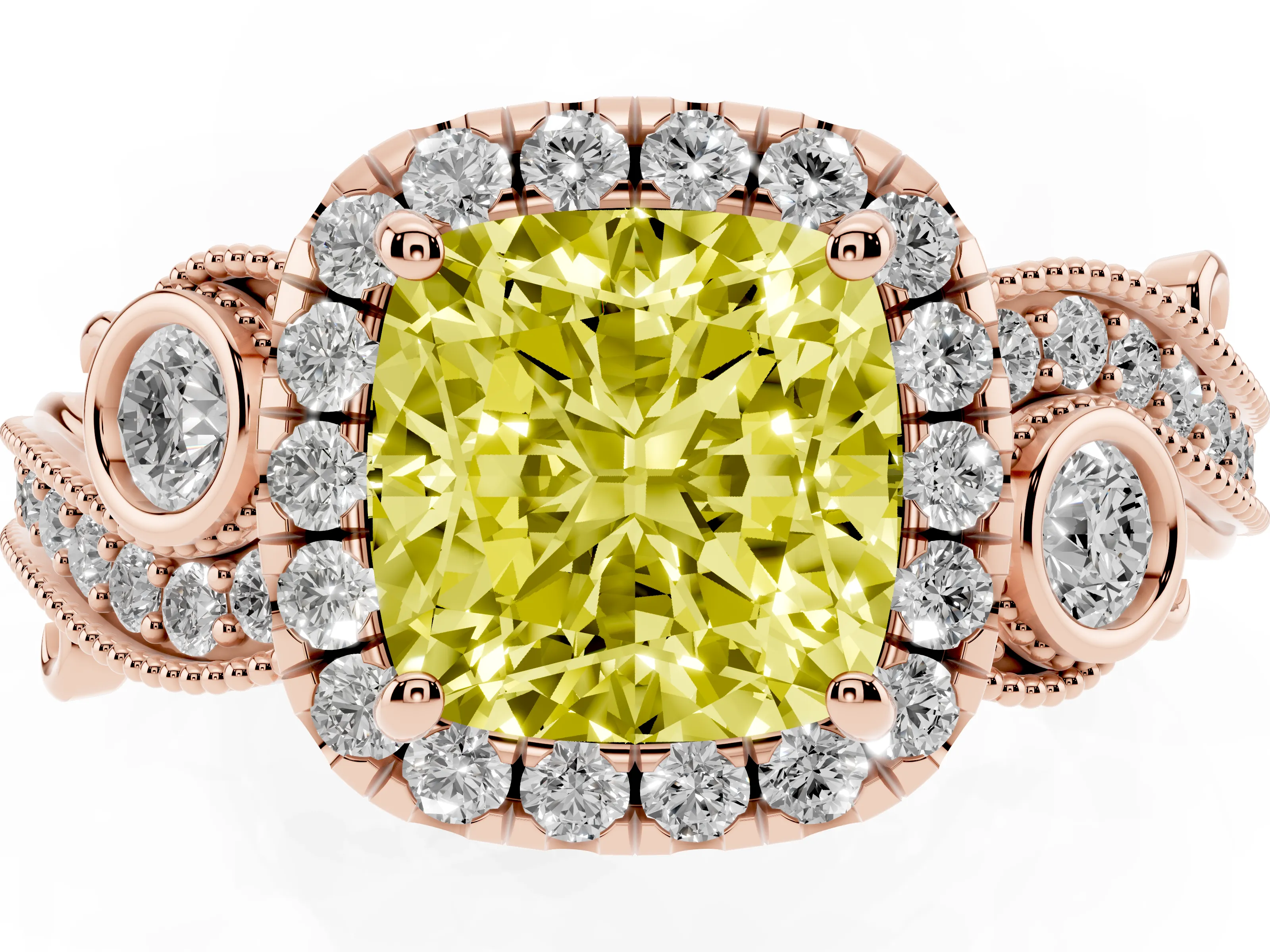 Fancy Yellow Cushion Cut Diamond Halo Ring Set in Rose gold with Milgrain Pavé Band and Prong Setting