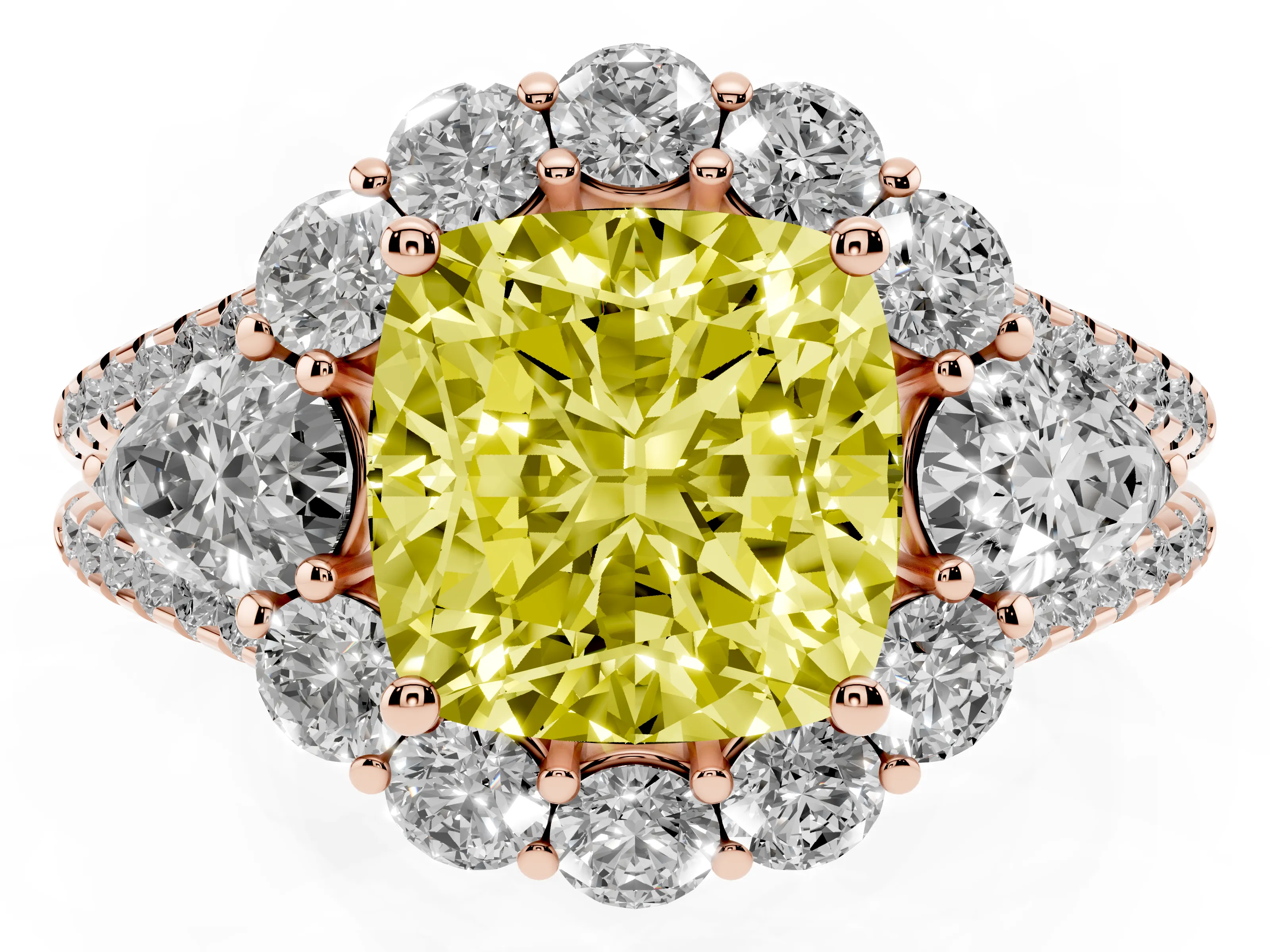 Fancy Yellow Cushion Cut Diamond Halo Split Shank Engagement Ring Set in Rose gold with Prong-Held Center Stone