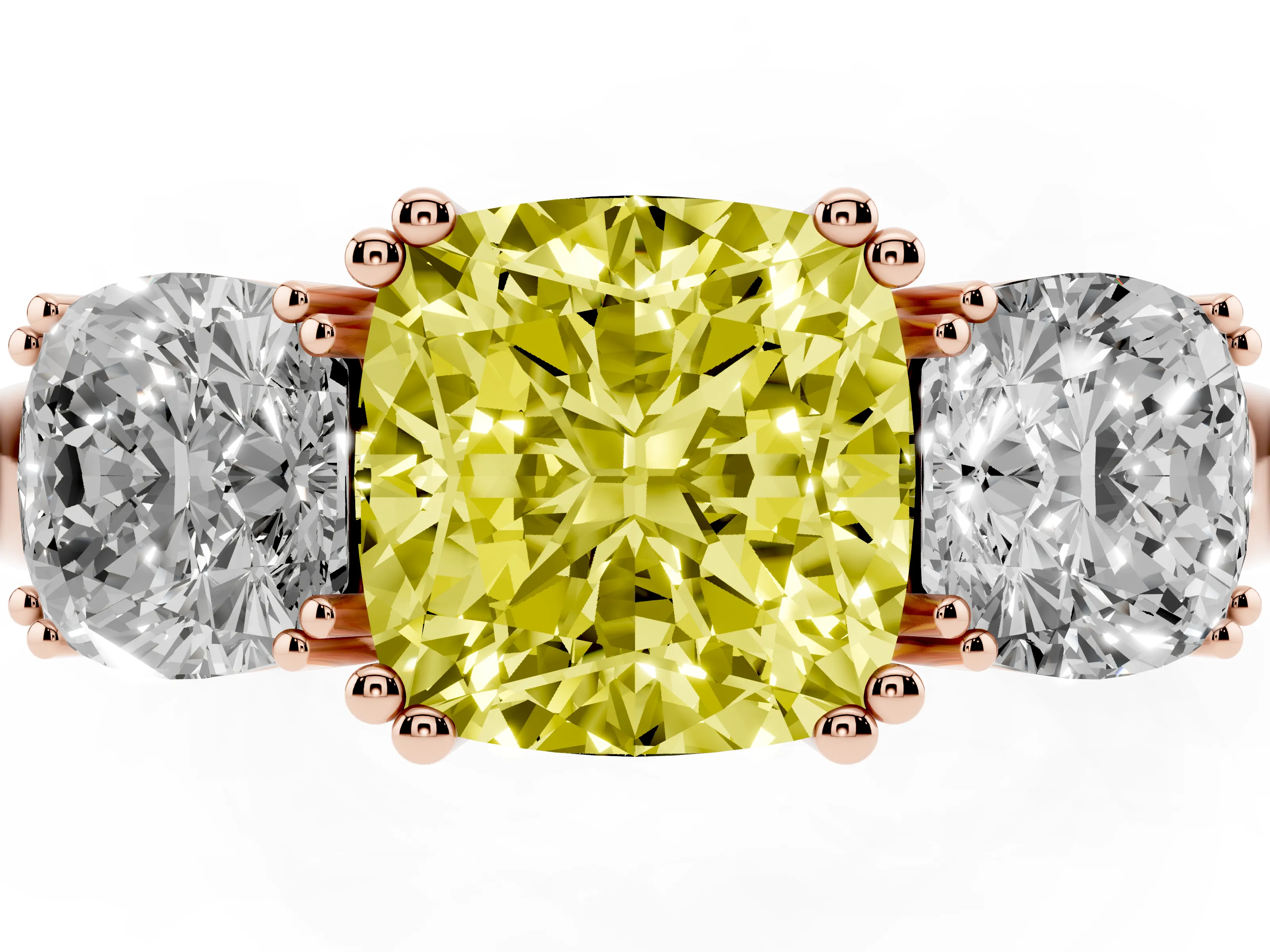 Fancy Yellow Cushion Cut Diamond Three-Stone Ring Set in Rose gold with Polished Band and Prong Setting