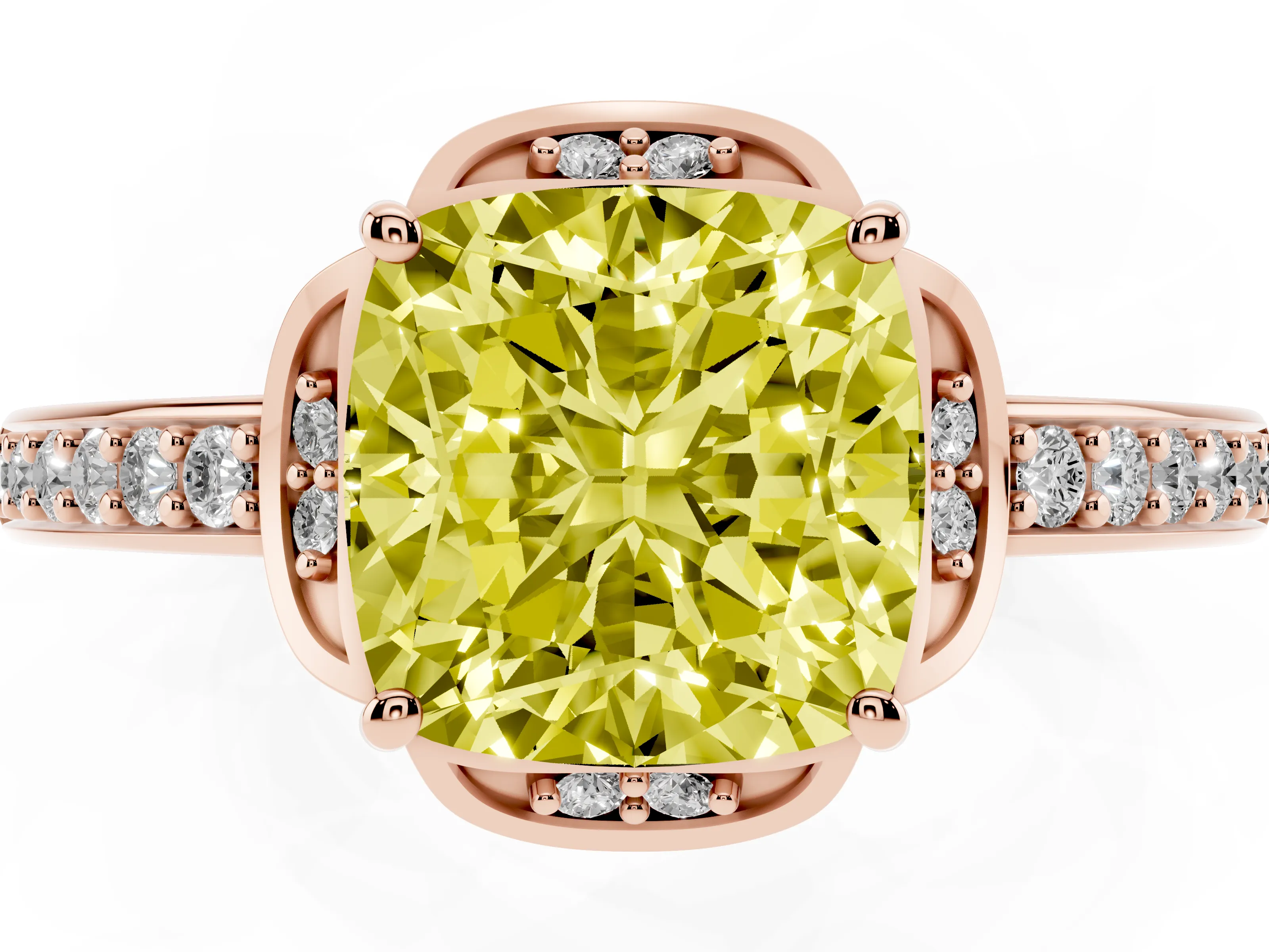 Fancy Yellow Cushion Cut Diamond Halo Ring Set in Rose gold with Channel Set Band and Prong Setting