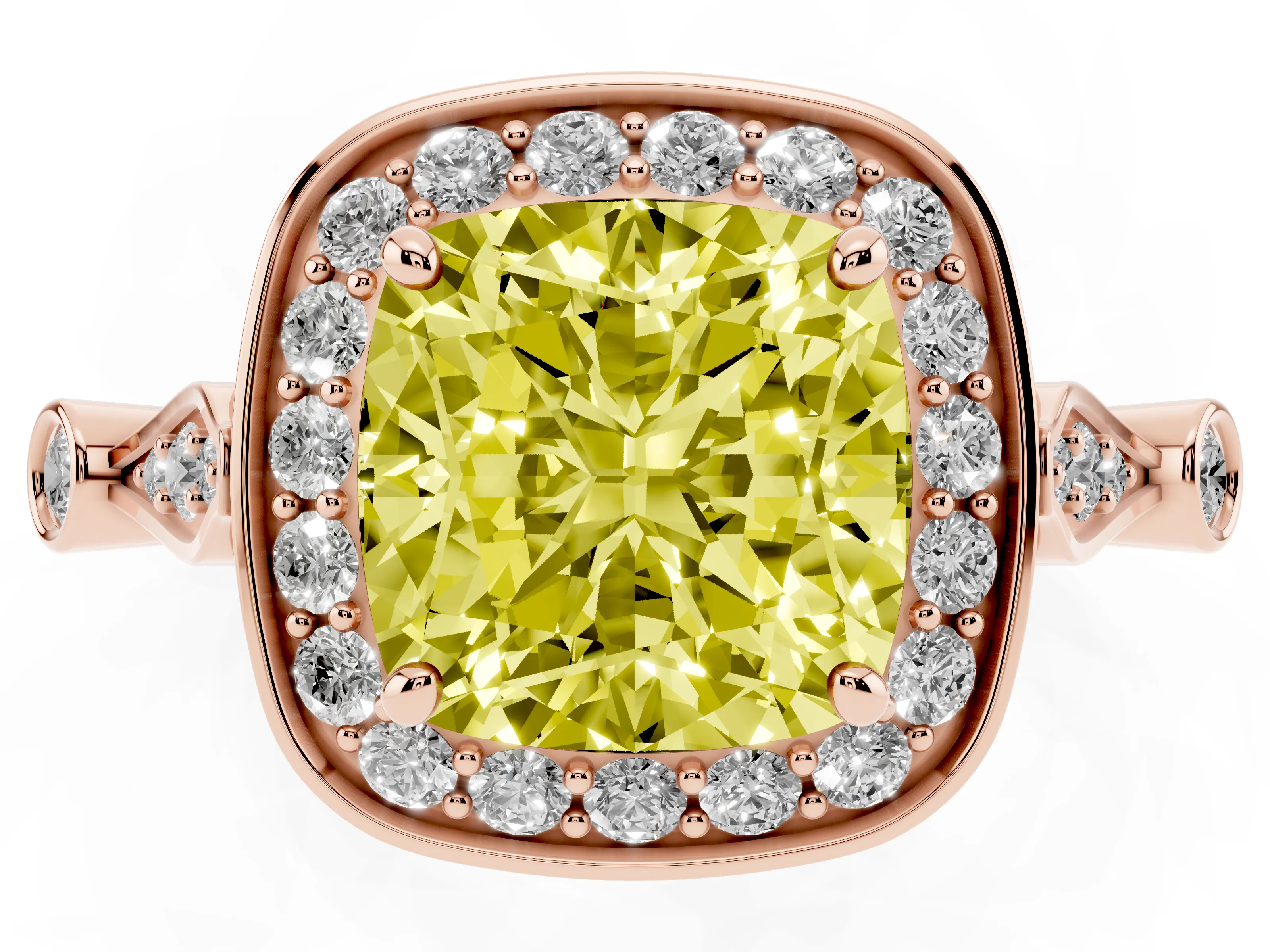 Fancy Yellow Cushion Cut Diamond Halo Engagement Ring Set in Rose gold with Twisted Band and Prong Setting