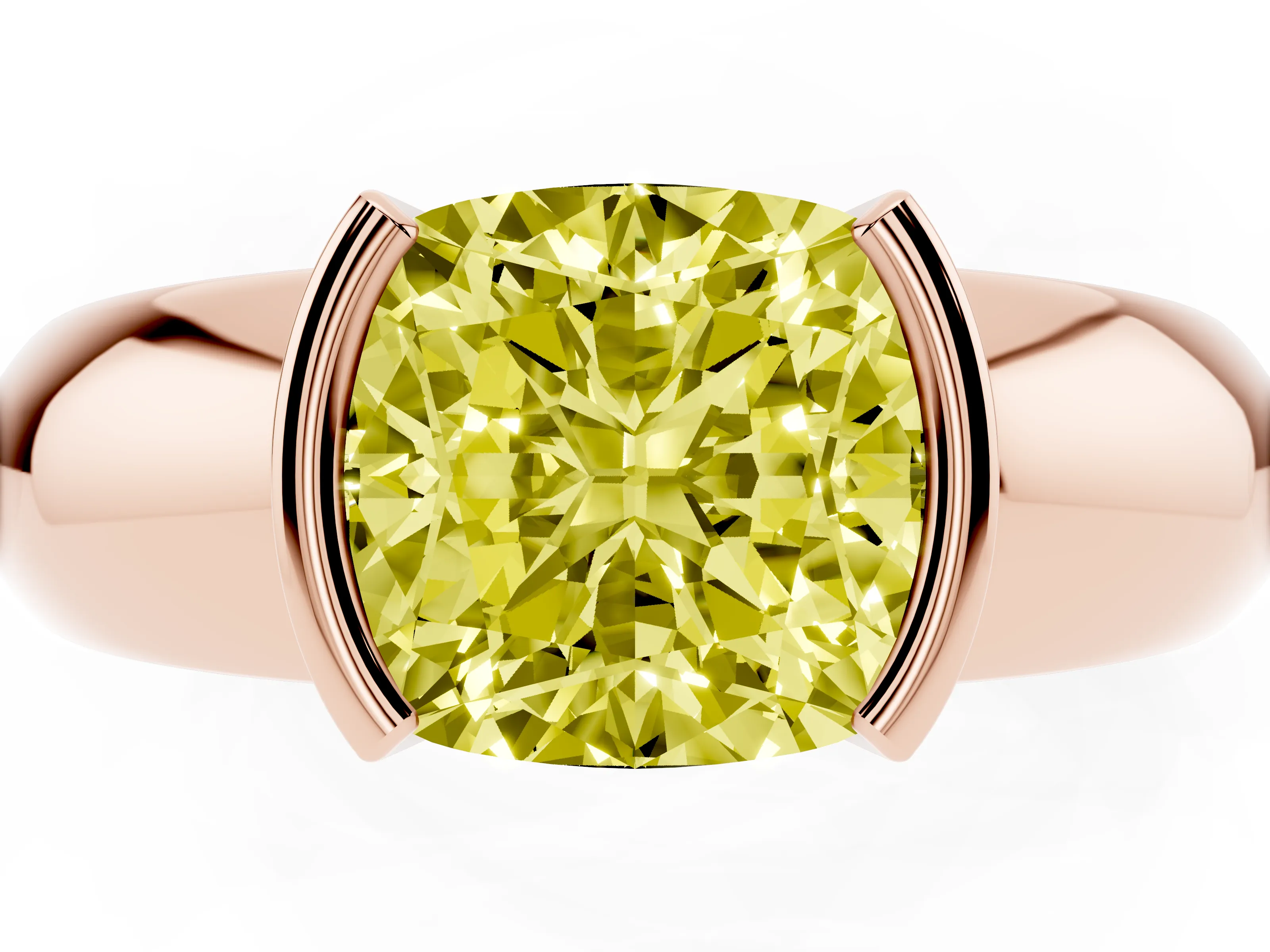 Fancy Yellow Cushion Cut Diamond Solitaire Tension Set Ring Set in Rose gold with Wide Band