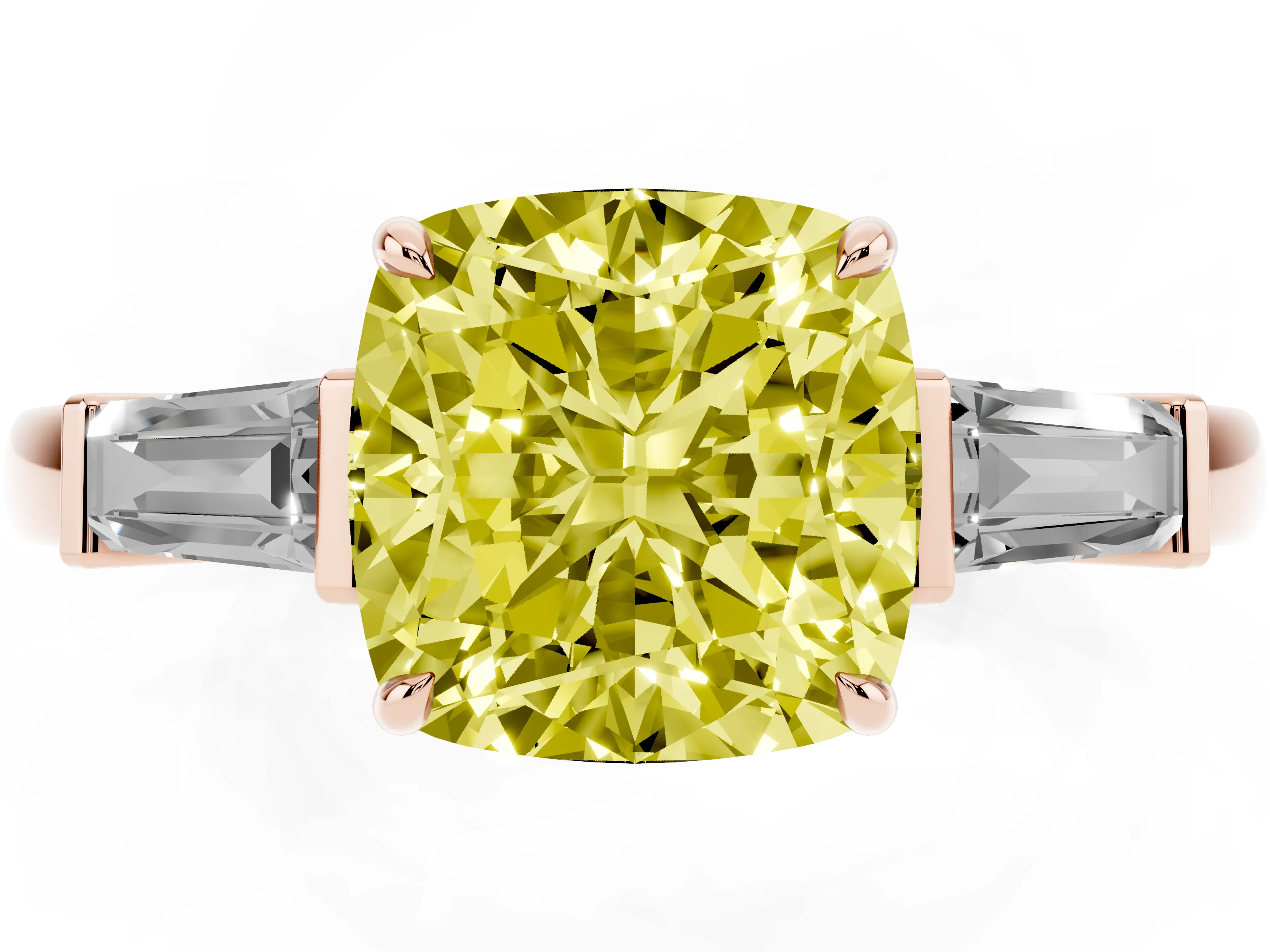 Fancy Yellow Cushion Cut Diamond Three-Stone Ring Set in Rose gold with Tapered Baguette Side Stones and Prong Setting