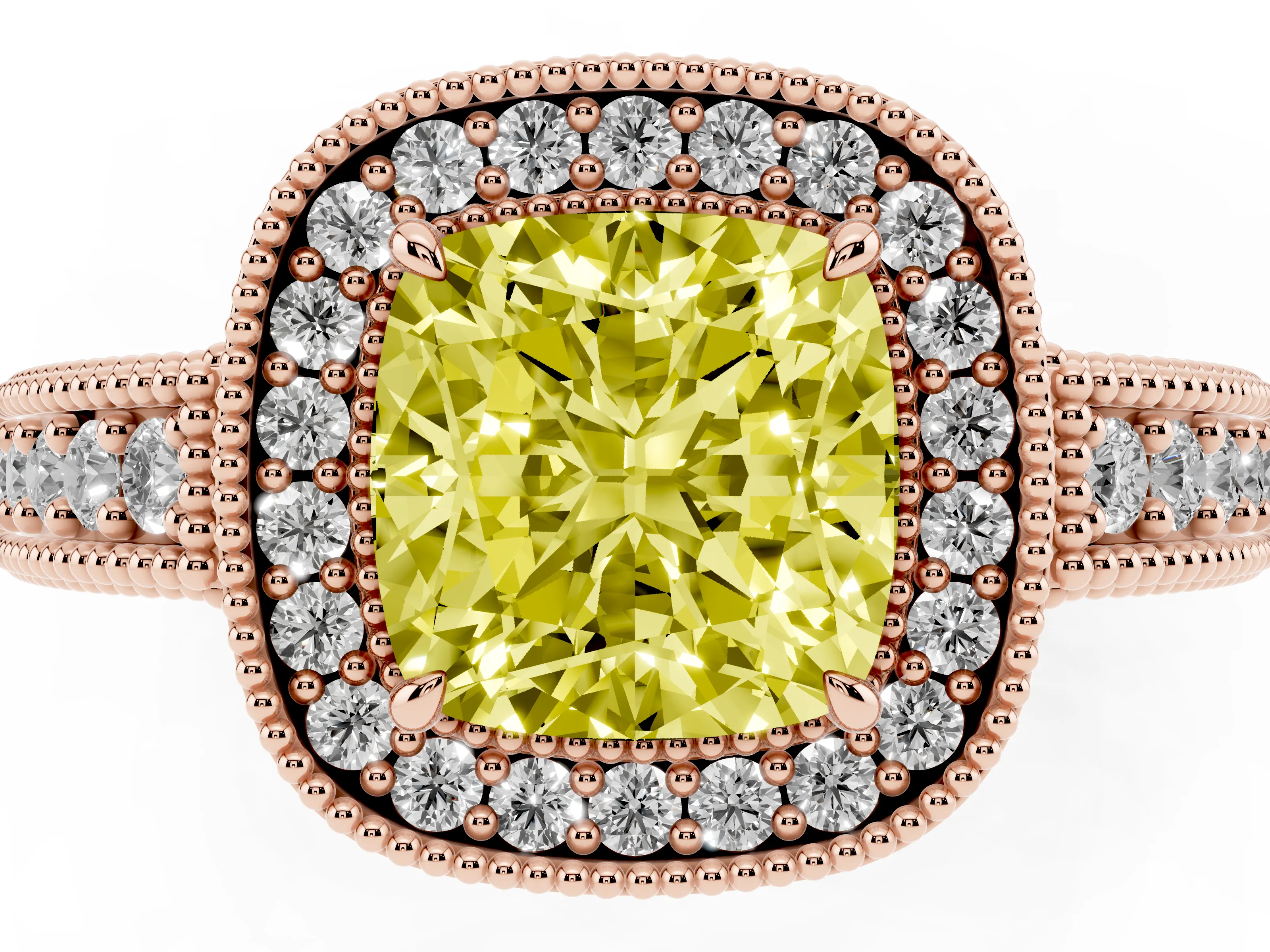 Fancy Yellow Cushion Cut Diamond Halo Ring Set in Rose gold with Round Accent Halo, Pavé Band and Prong Setting