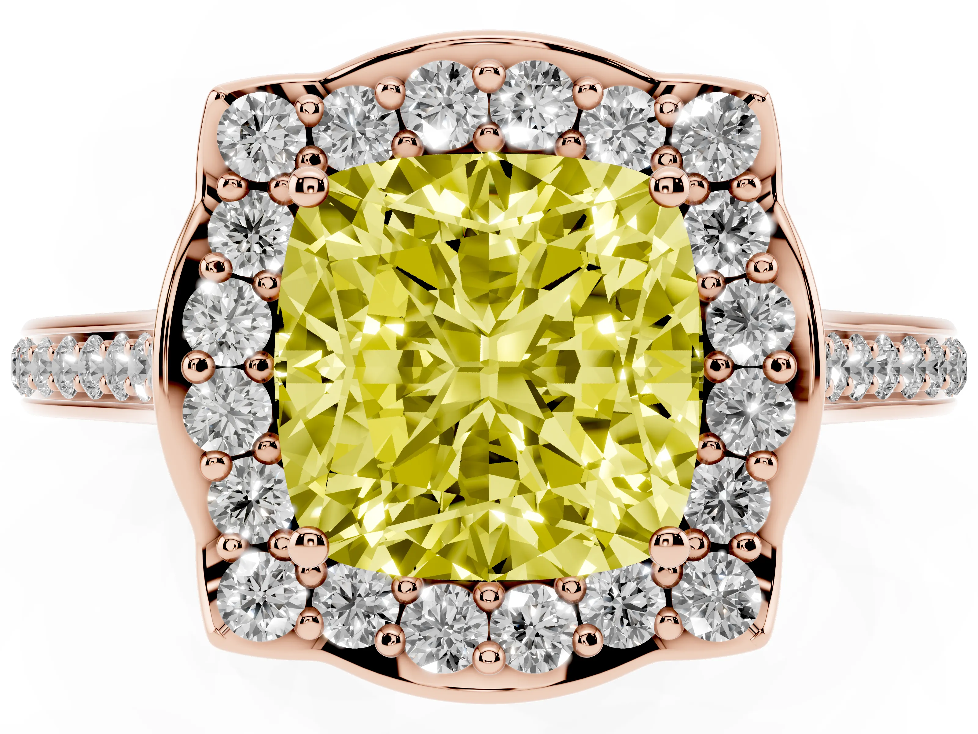 Fancy Yellow Cushion Cut Diamond Halo Ring Set in Rose gold with Pavé-Lined Shoulders and Prong Setting