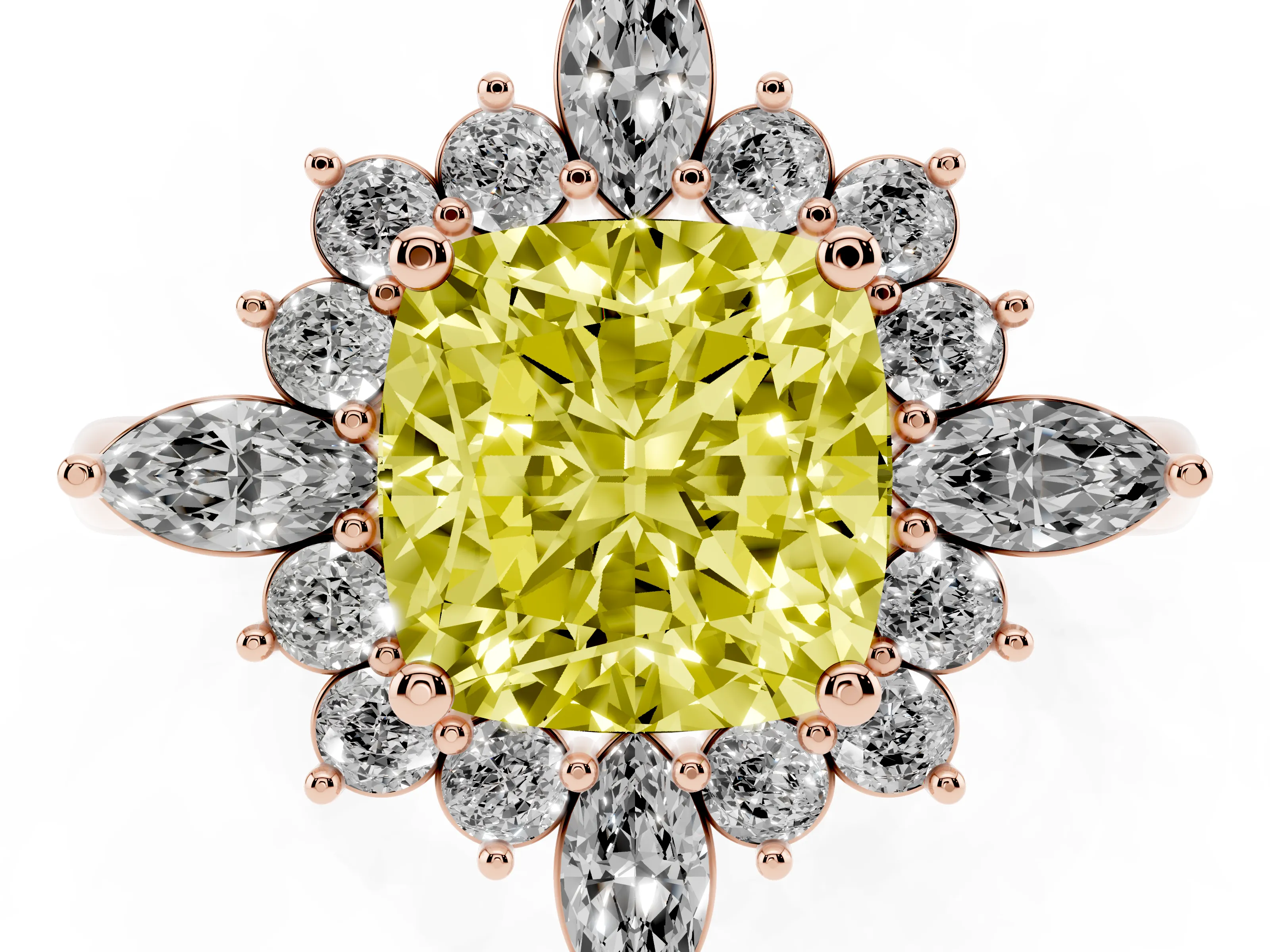 Fancy Yellow Cushion Cut Diamond Cluster Halo Ring Set in Rose gold with Marquise and Round Accents
