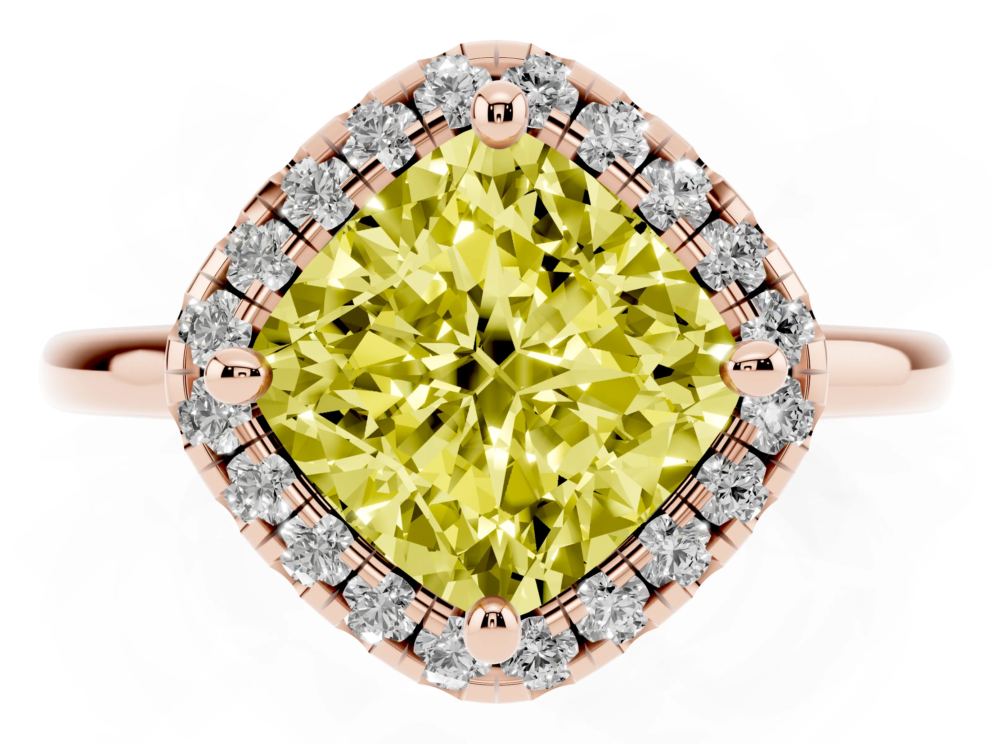 Fancy Yellow Cushion Cut Diamond Halo Engagement Ring Set in Rose gold with Pavé Band and Rising Shoulders