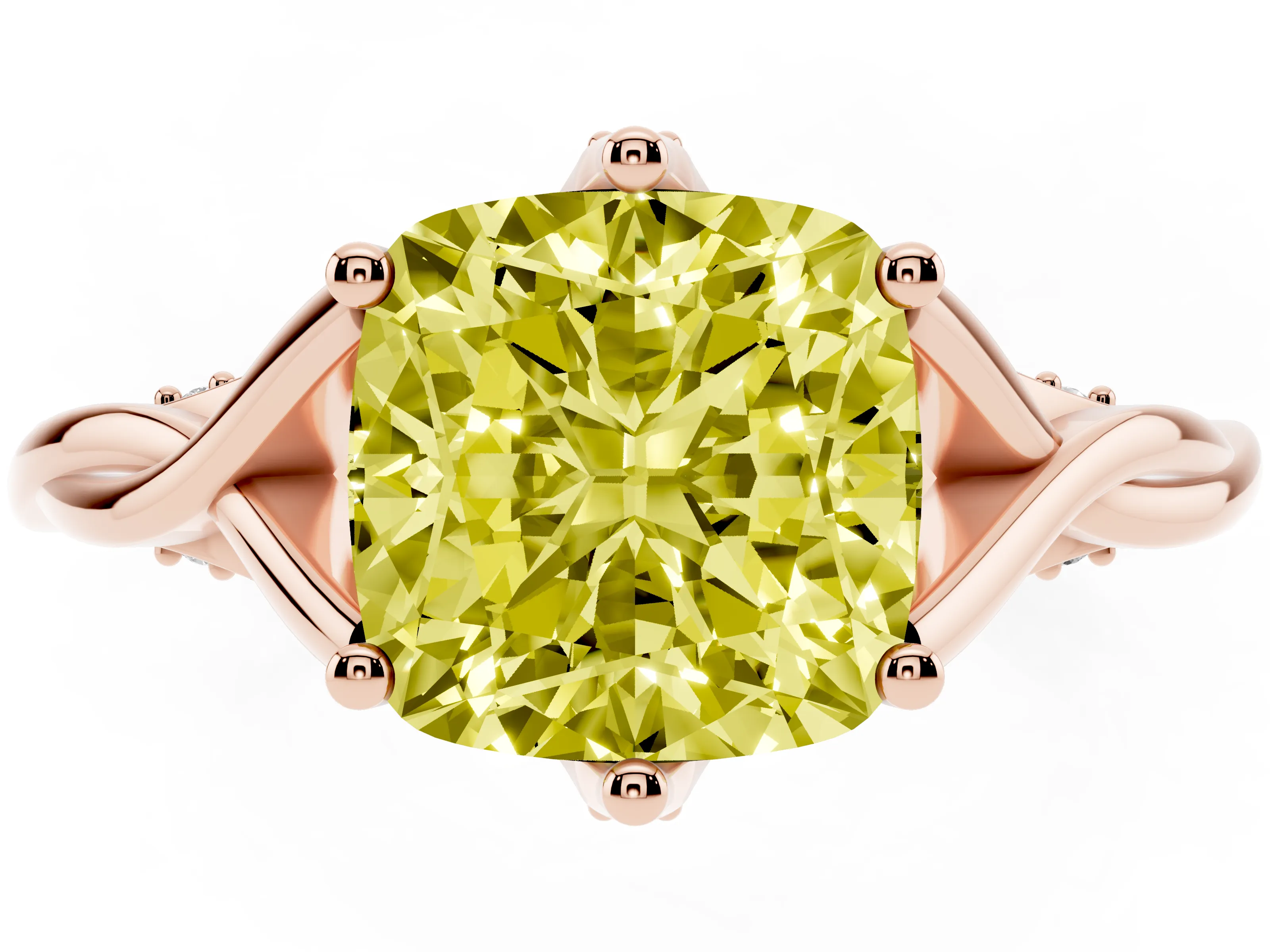 Fancy Yellow Cushion Cut Diamond Intertwined Twist Band Solitaire Ring Set in Rose gold with Prong Setting