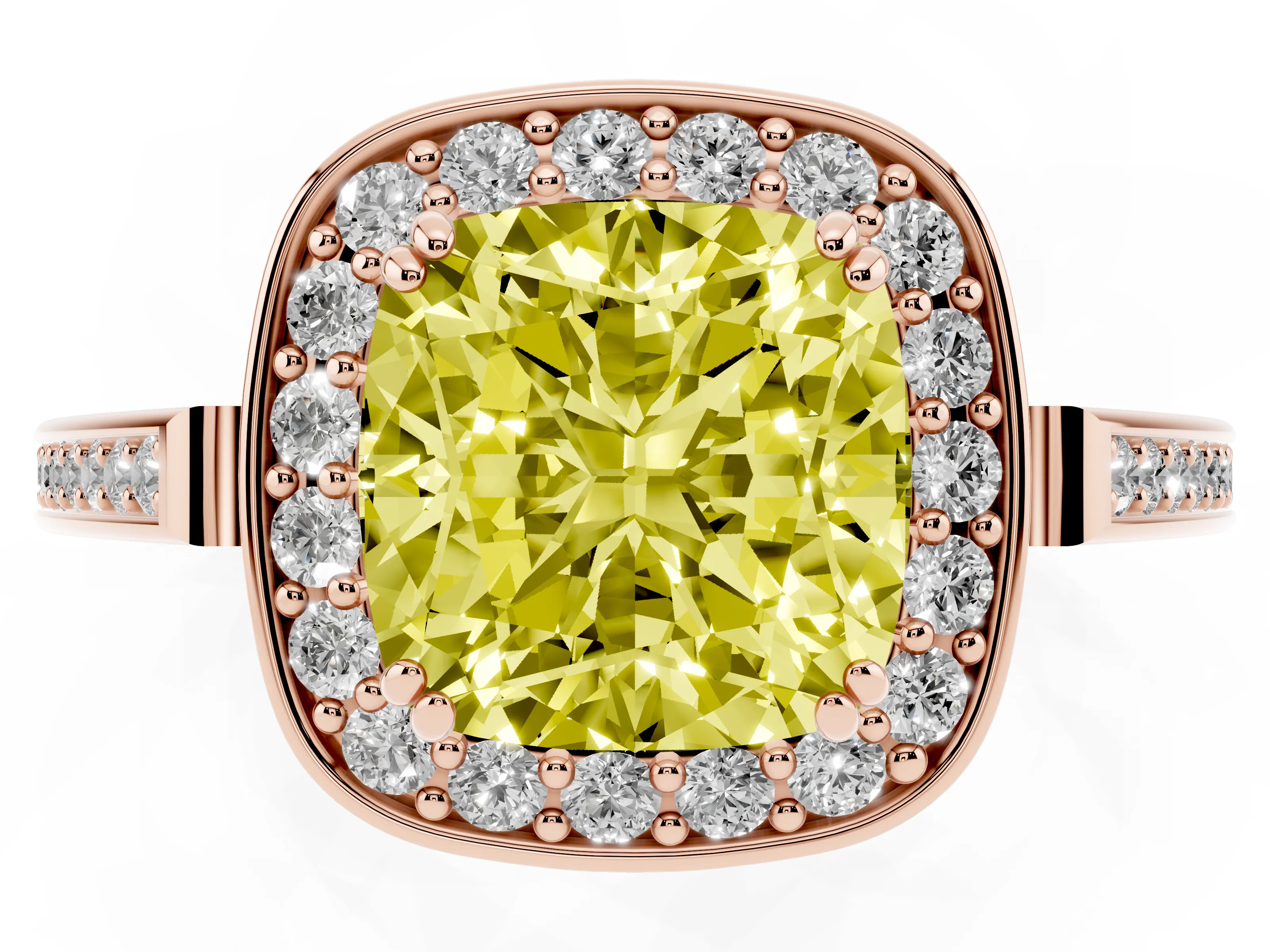 Fancy Yellow Cushion Cut Diamond Halo Ring Set in Rose gold with Accent-Lined Split Shank and Prong Setting