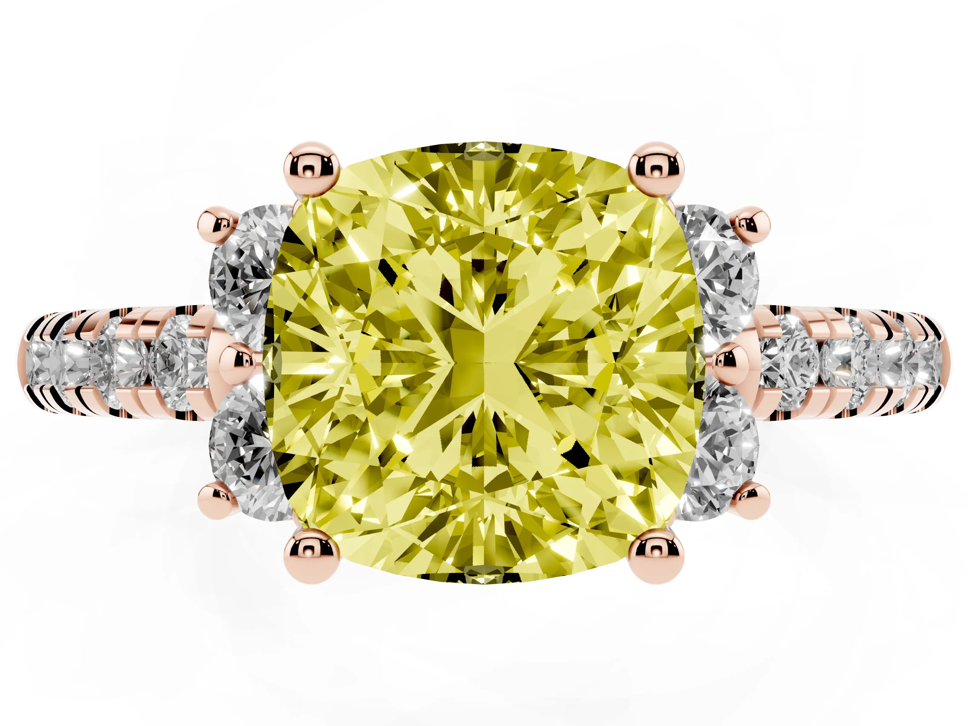 Fancy Yellow Cushion Cut Diamond Three-Stone Pavé Ring Set in Rose gold with Prong Setting