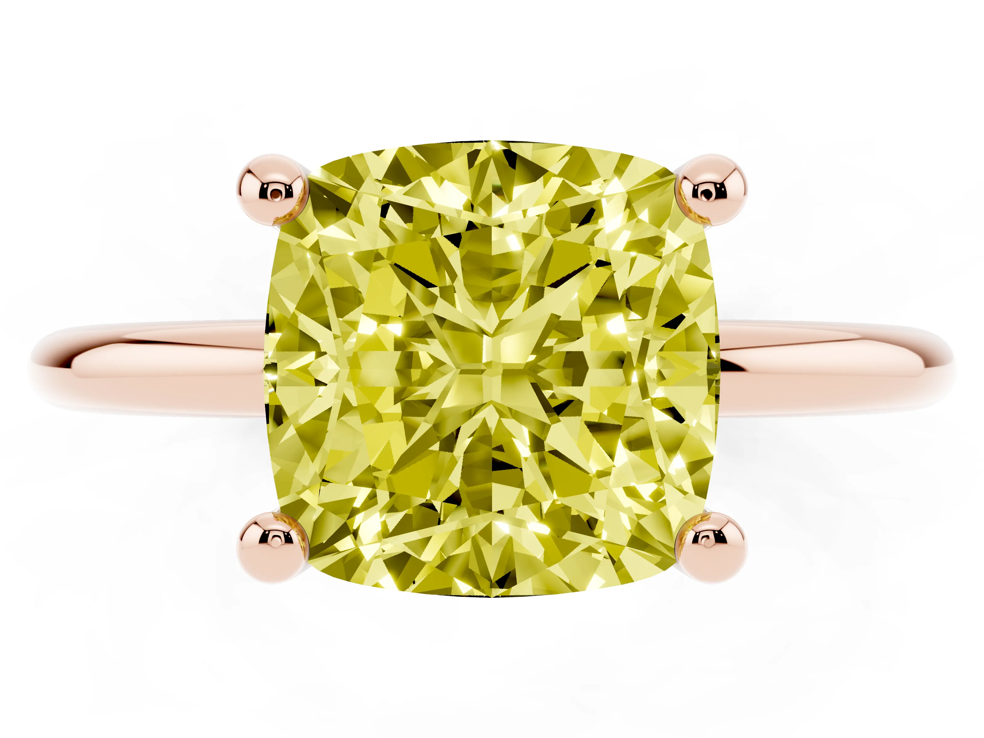 Fancy Yellow Cushion Cut Diamond Solitaire Ring Set in Rose gold with Secure Prong Setting on a Classic Band