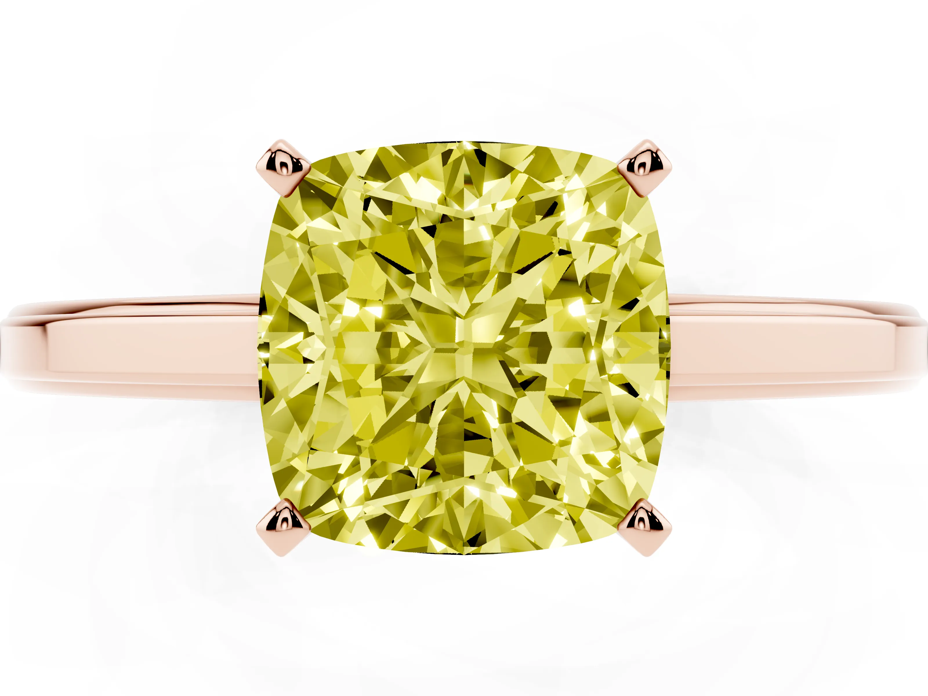Fancy Yellow Cushion Cut Diamond Solitaire Ring Set in Rose gold with Prong Setting and Classic Band