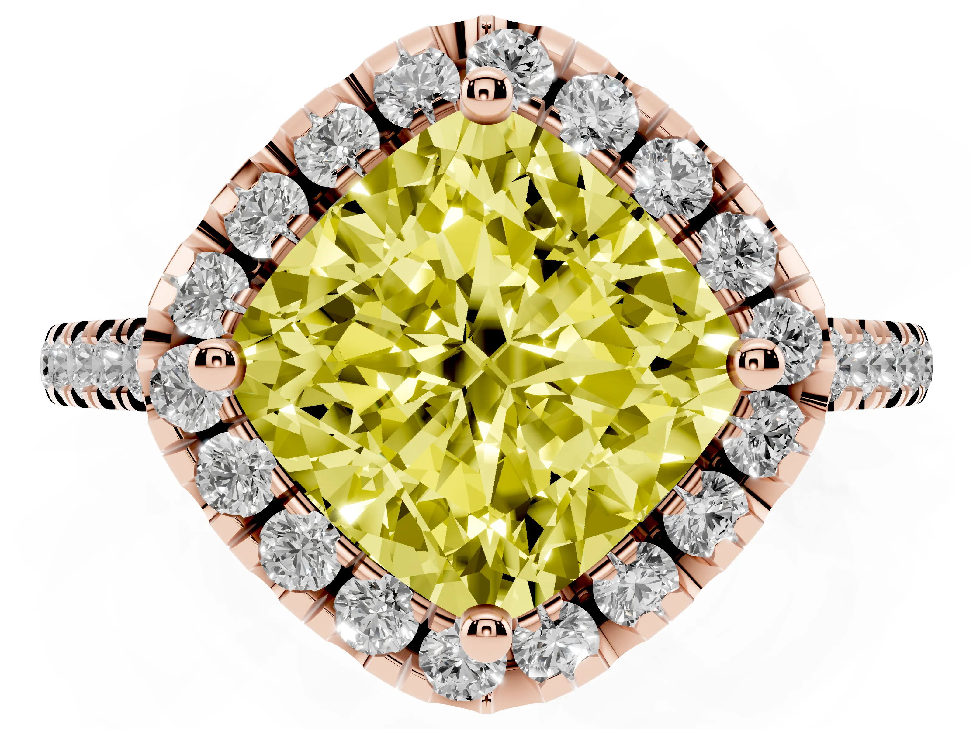 Fancy Yellow Cushion Cut Diamond Cushion Halo Ring Set in Rose gold with Pavé Band