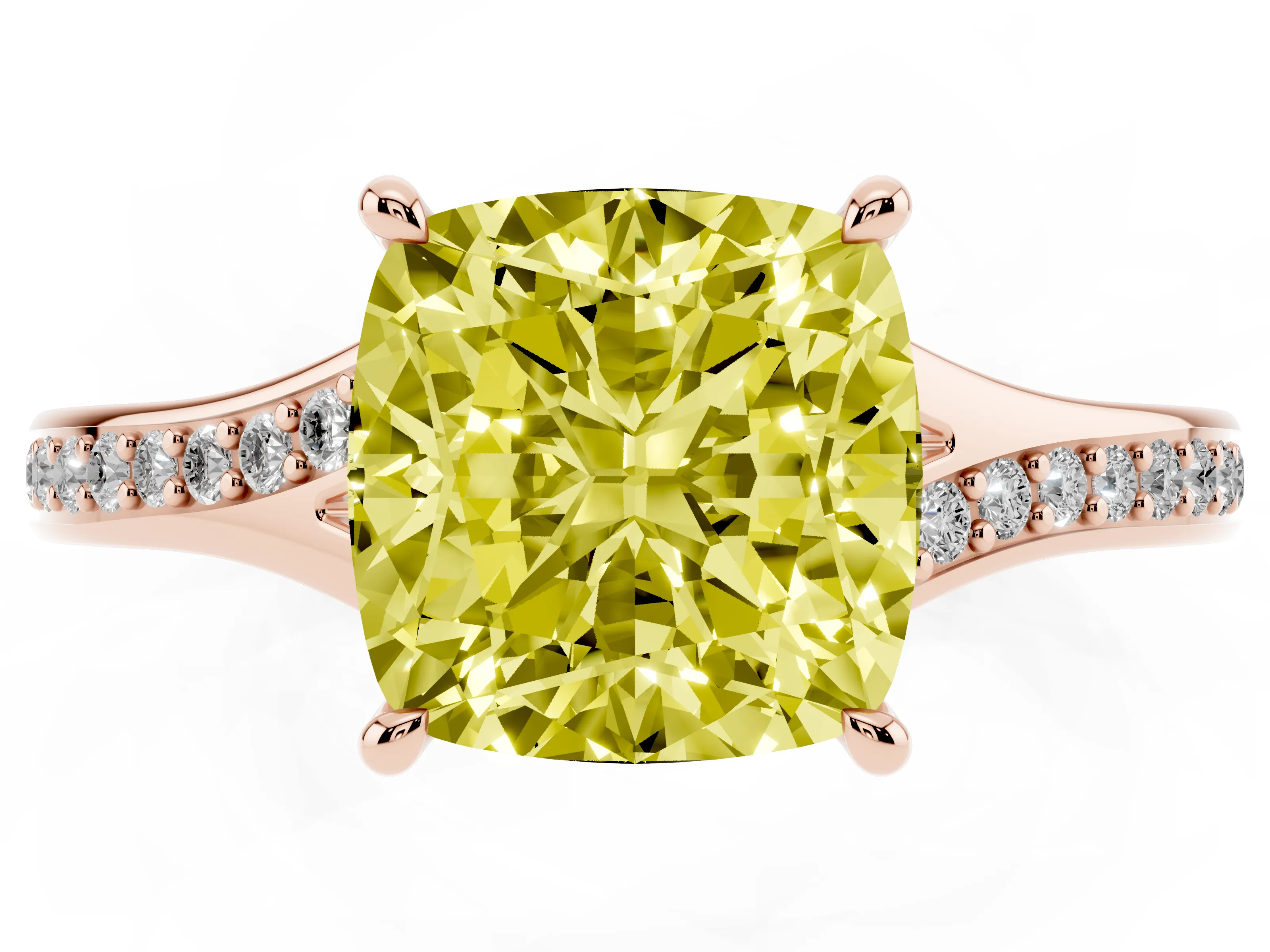 Fancy Yellow Cushion Cut Diamond Solitaire Ring Set in Rose gold with Pavé Accent Band and Classic Prong Setting