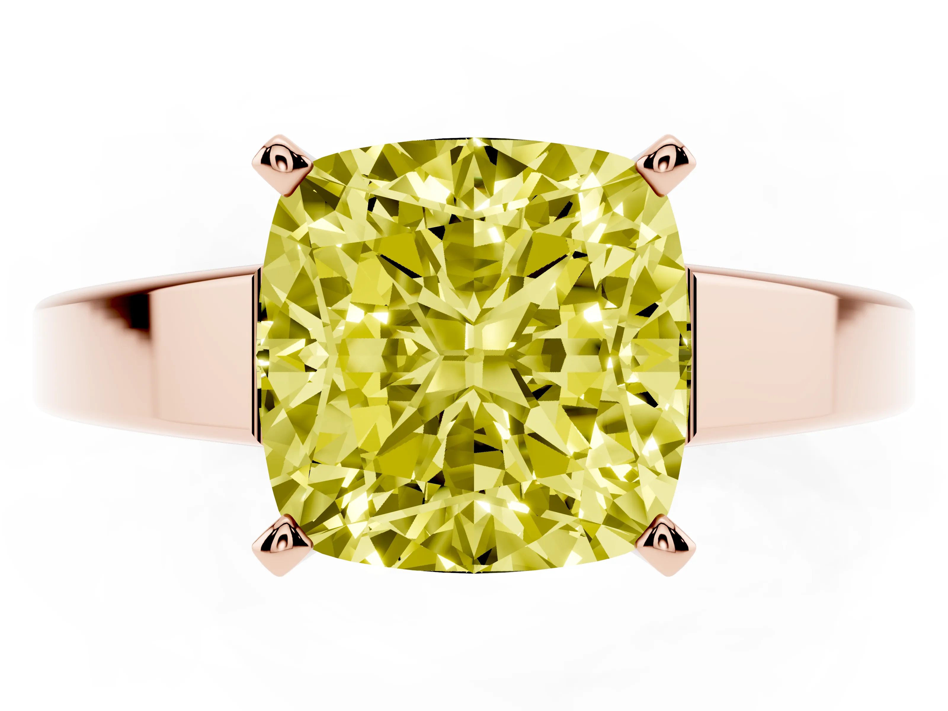 Fancy Yellow Cushion Cut Diamond Solitaire Engagement Ring Set in Rose gold with Prong Setting and Tapered Band
