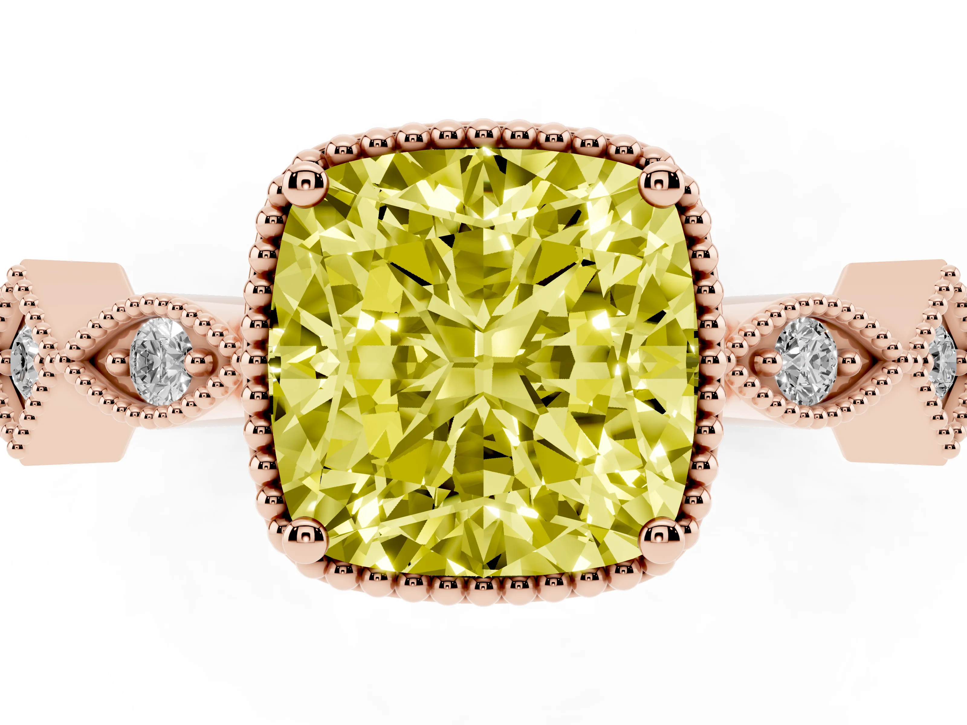 Fancy Yellow Cushion Cut Diamond Milgrain Marquise Twist Band Ring Set in Rose gold with Prong Setting