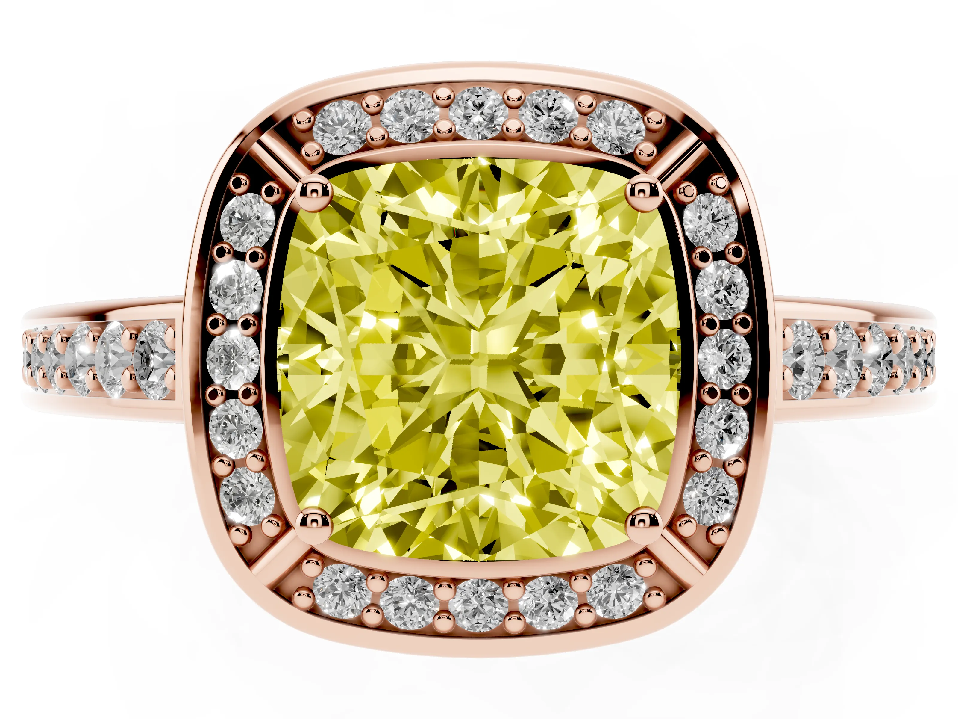 Fancy Yellow Cushion Cut Diamond Halo Pavé Split Shank Ring Set in Rose gold with Prong Setting
